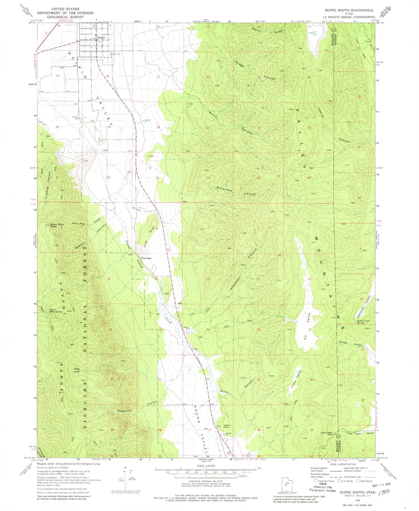 Classic USGS Scipio South Utah 7.5'x7.5' Topo Map Image
