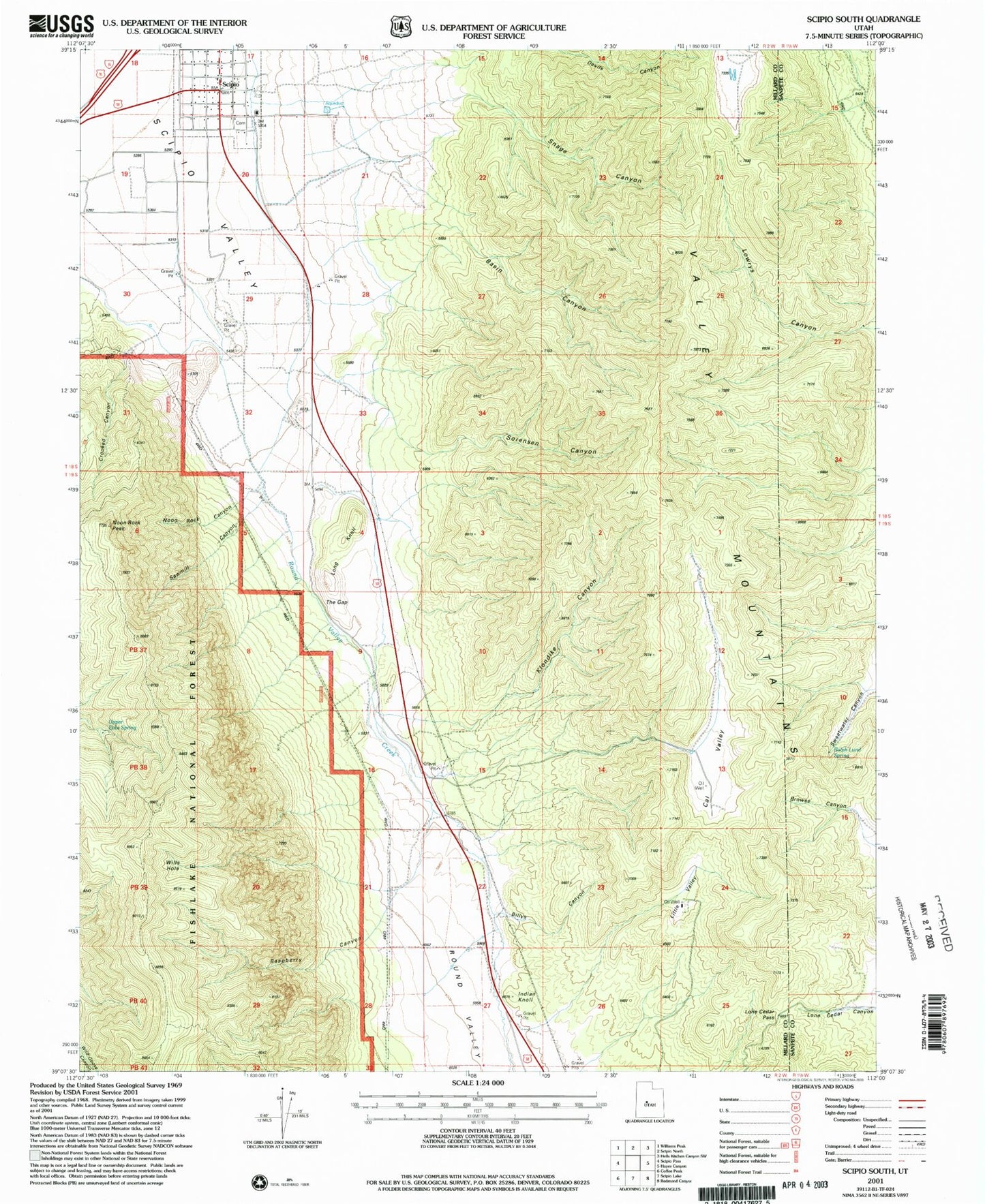 Classic USGS Scipio South Utah 7.5'x7.5' Topo Map Image
