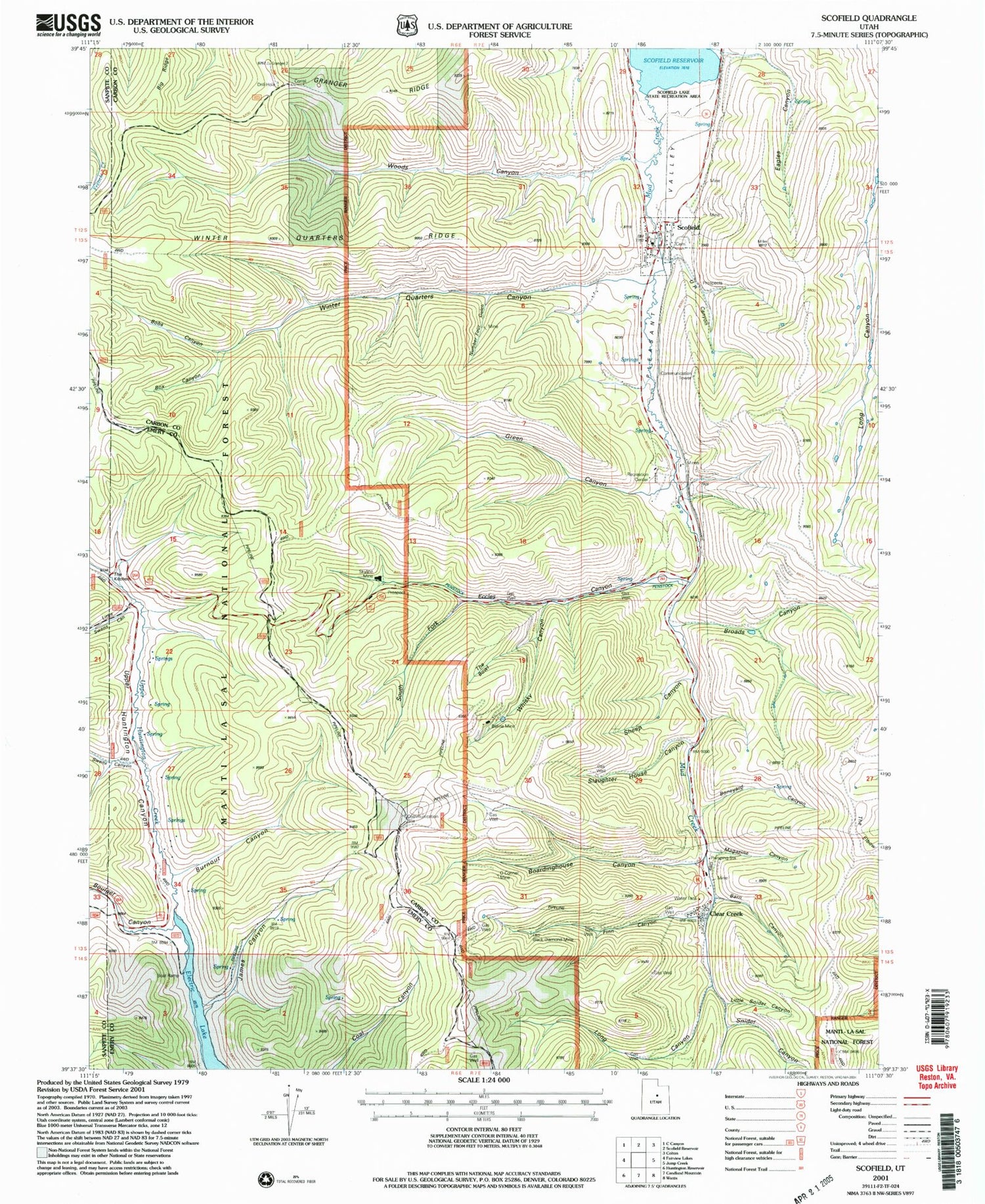 Classic USGS Scofield Utah 7.5'x7.5' Topo Map Image
