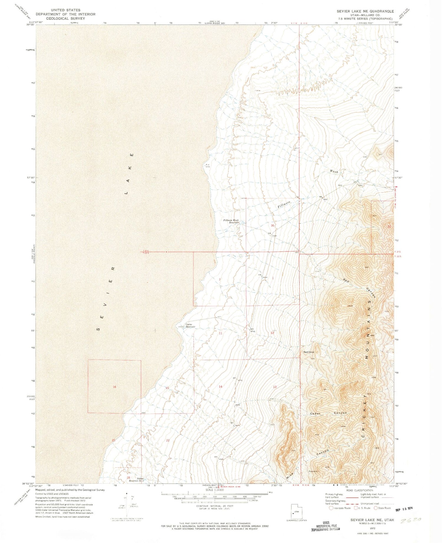 Classic USGS Sevier Lake NE Utah 7.5'x7.5' Topo Map Image
