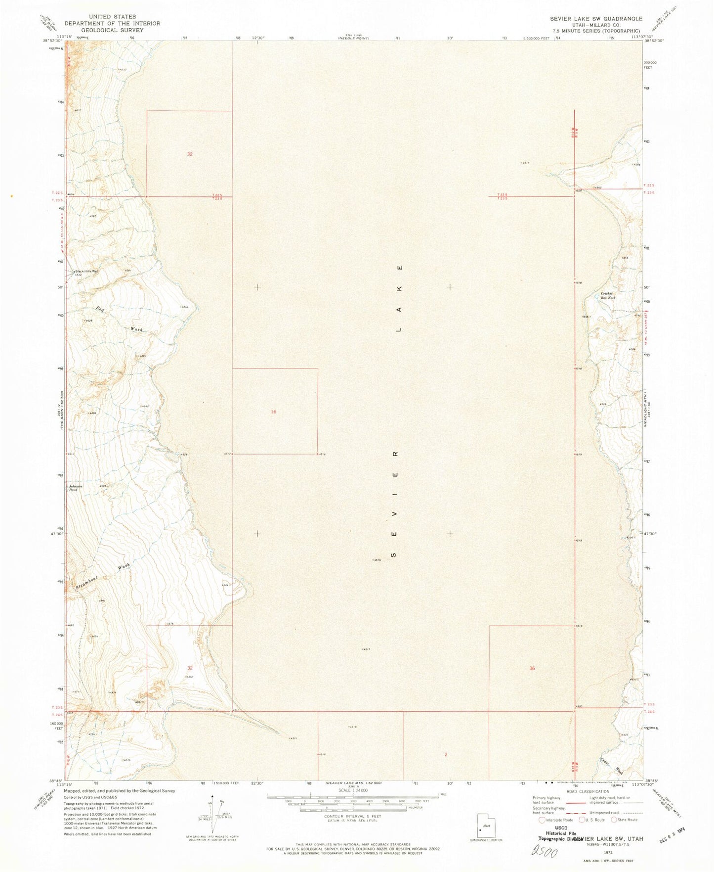 Classic USGS Sevier Lake SW Utah 7.5'x7.5' Topo Map Image
