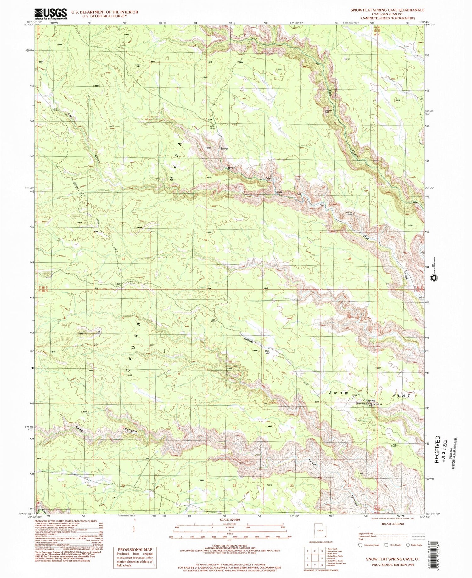 Classic USGS Snow Flat Spring Cave Utah 7.5'x7.5' Topo Map Image