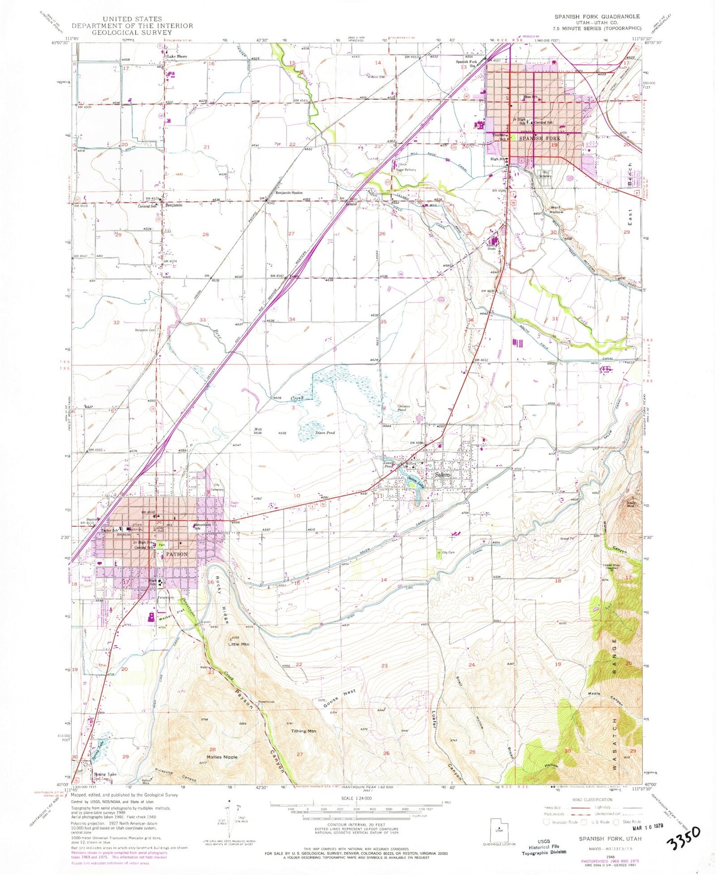 Classic USGS Spanish Fork Utah 7.5'x7.5' Topo Map Image