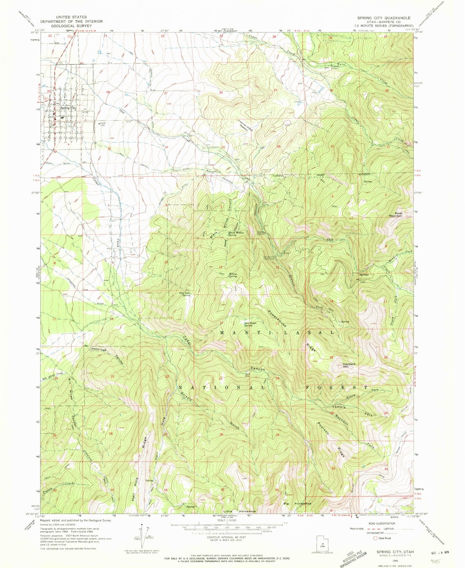 Classic USGS Spring City Utah 7.5'x7.5' Topo Map Image