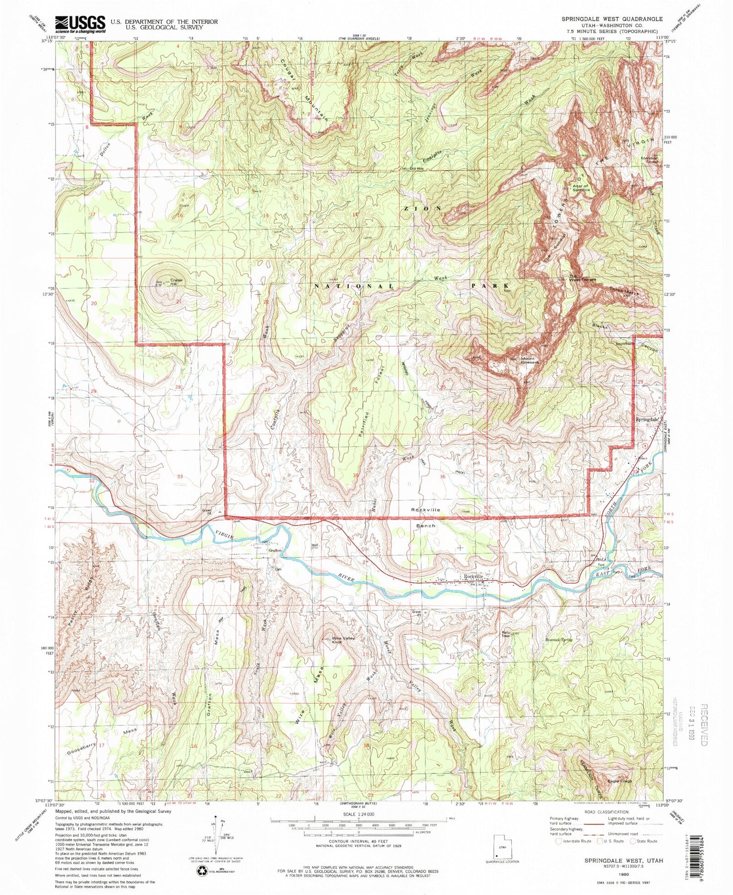 Classic USGS Springdale West Utah 7.5'x7.5' Topo Map Image
