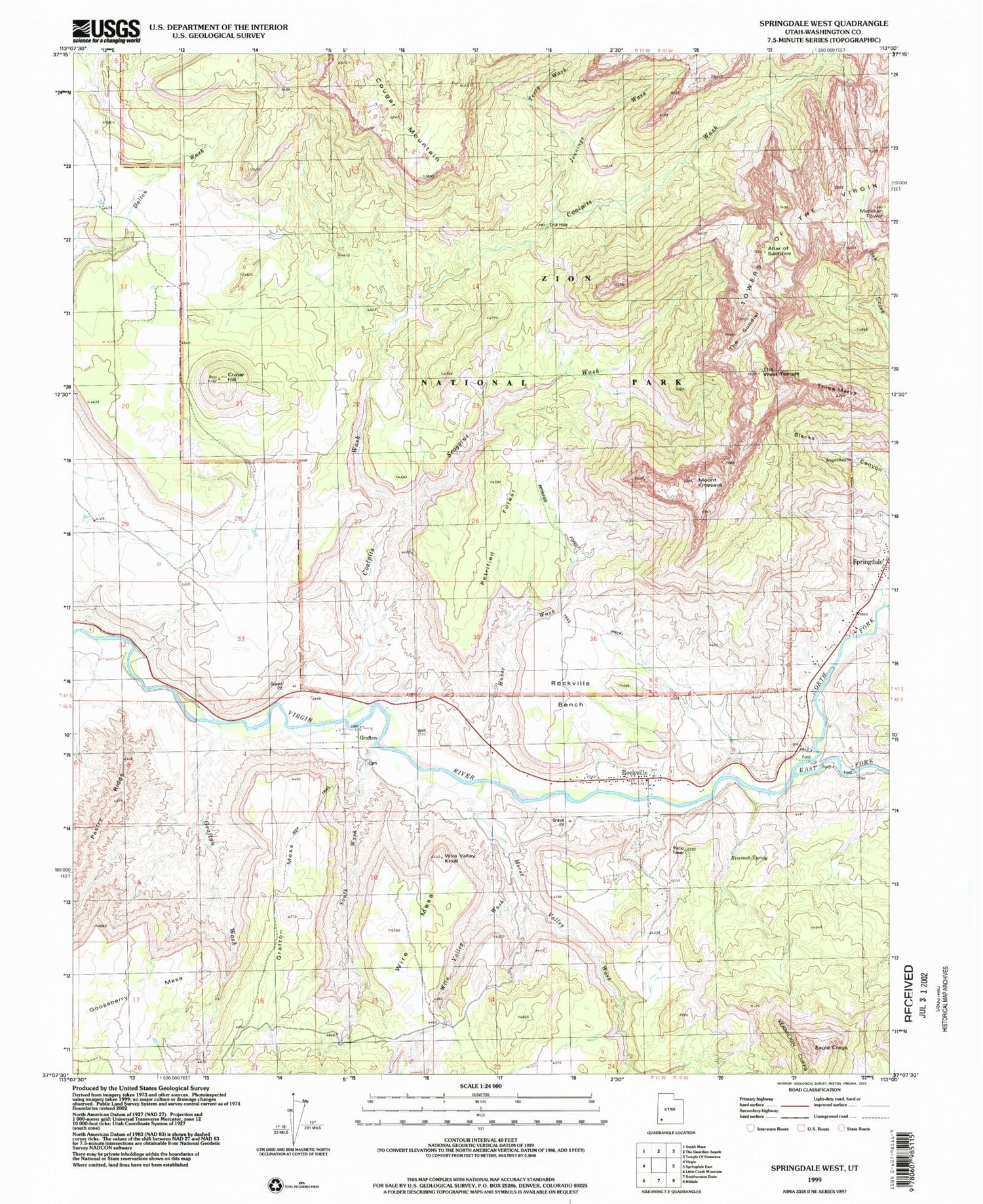 Classic USGS Springdale West Utah 7.5'x7.5' Topo Map Image