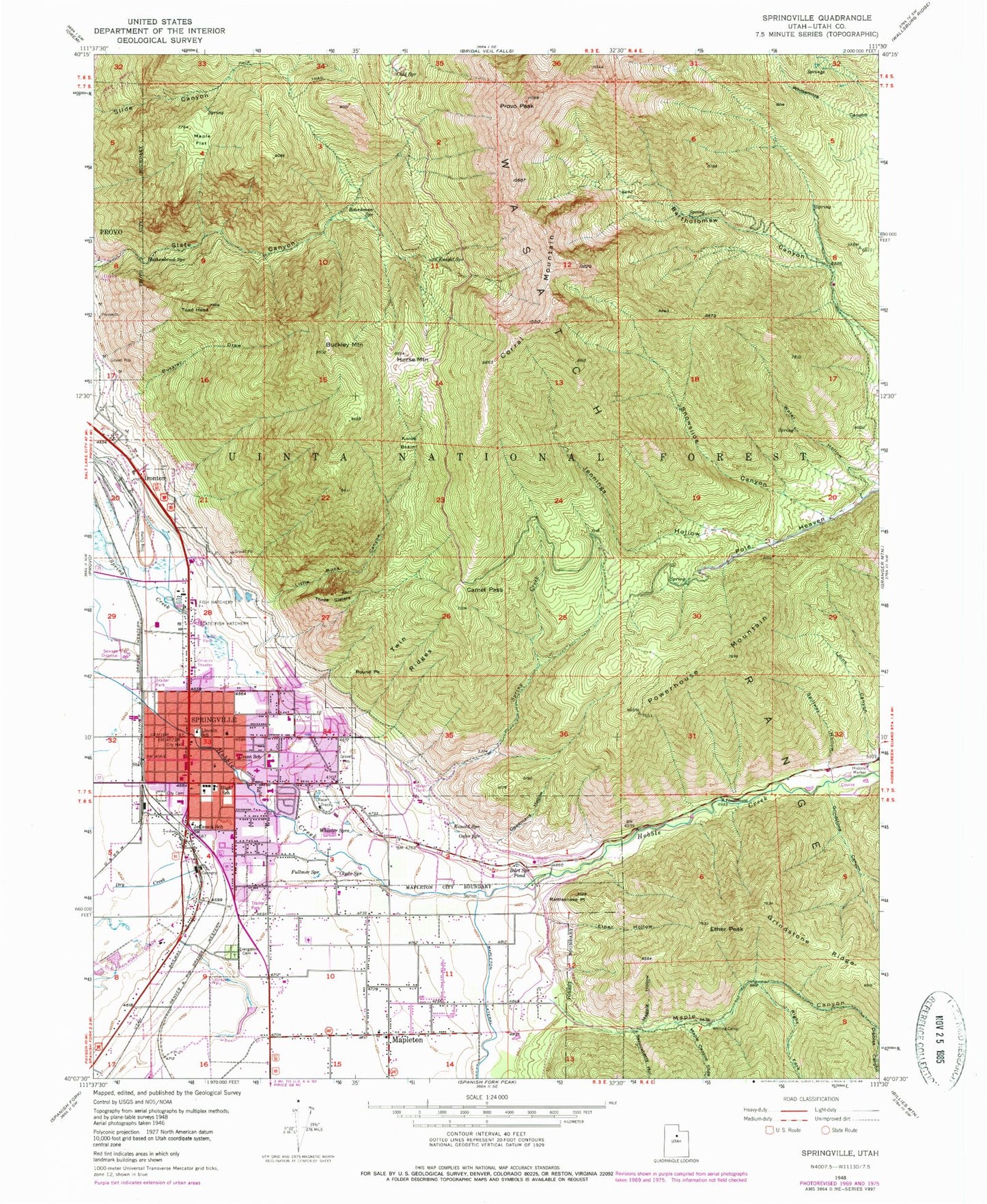 Classic USGS Springville Utah 7.5'x7.5' Topo Map Image