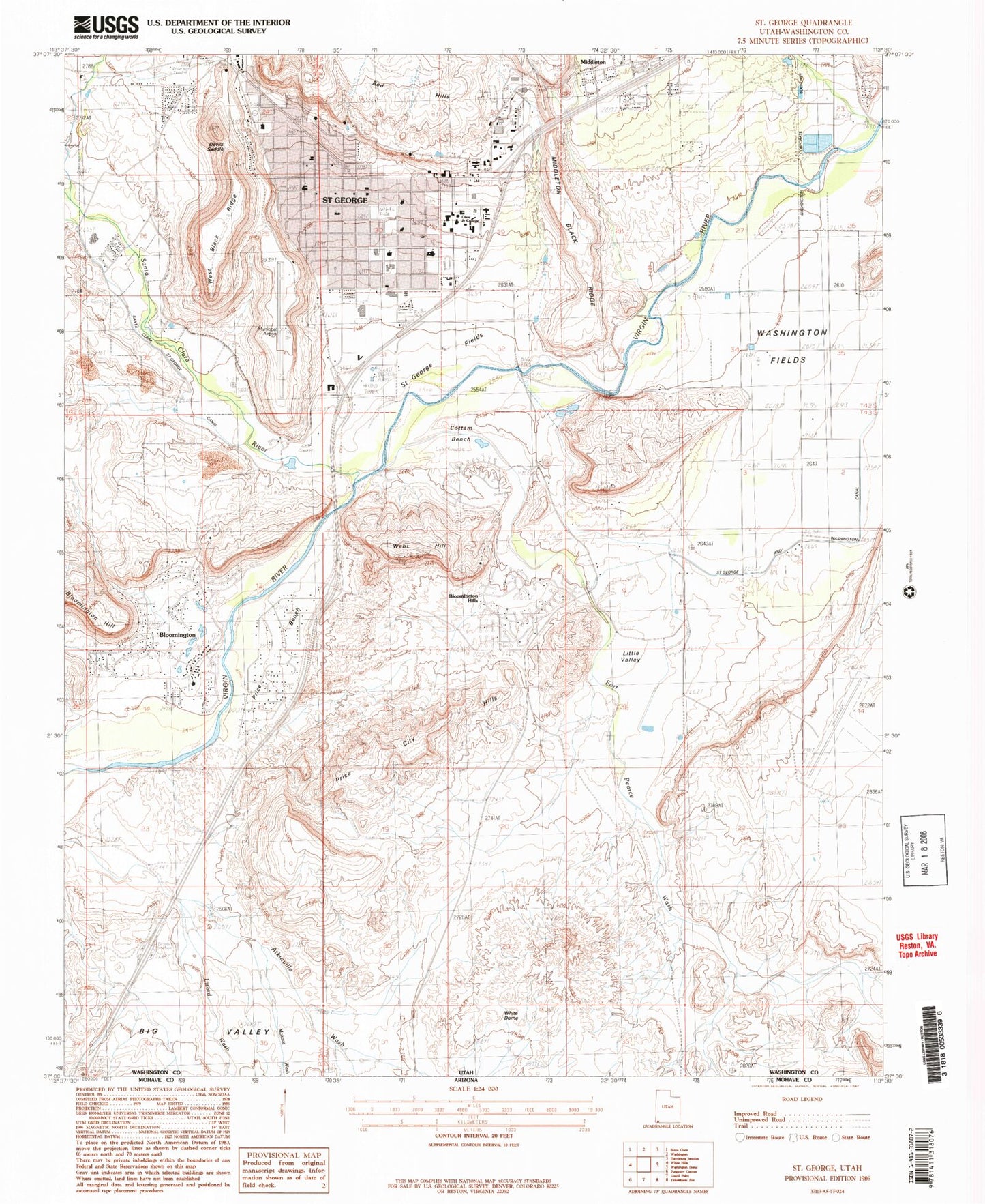 Classic USGS Saint George Utah 7.5'x7.5' Topo Map Image