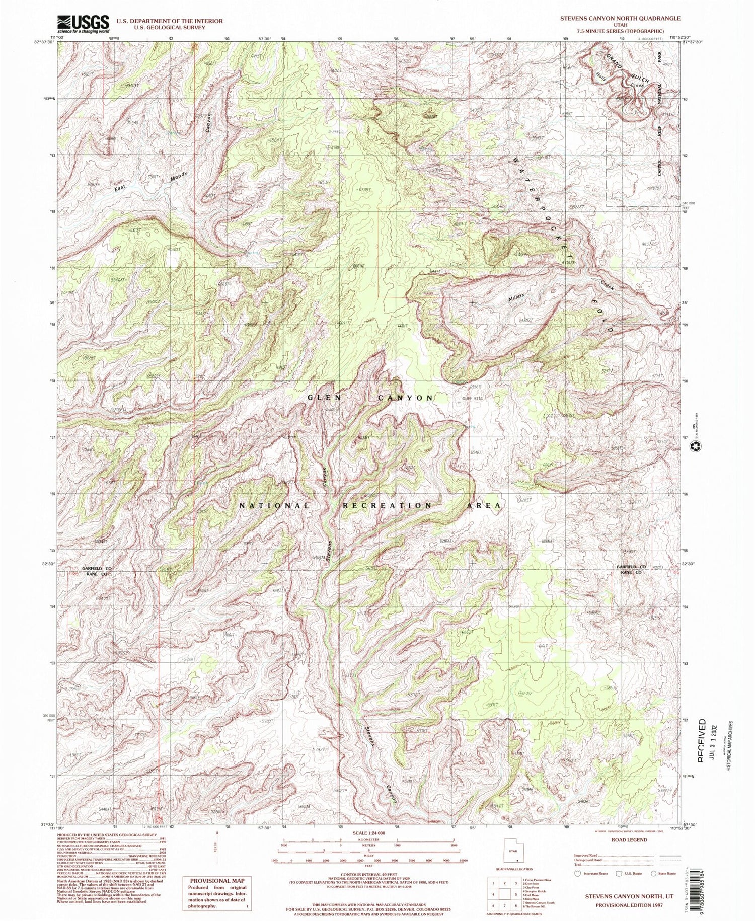 Classic USGS Stevens Canyon North Utah 7.5'x7.5' Topo Map Image
