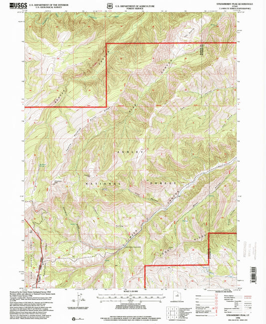Classic USGS Strawberry Peak Utah 7.5'x7.5' Topo Map Image