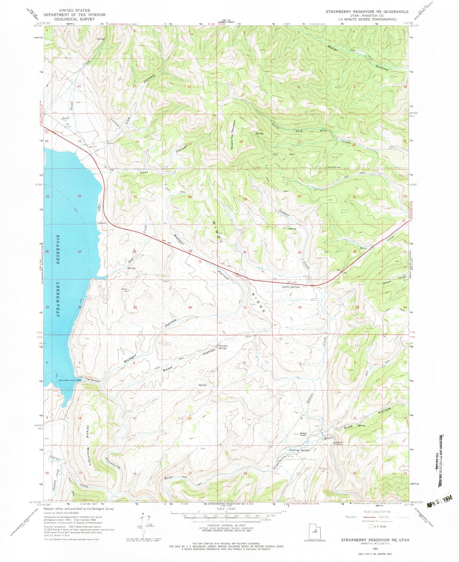 Classic USGS Strawberry Reservoir NE Utah 7.5'x7.5' Topo Map Image
