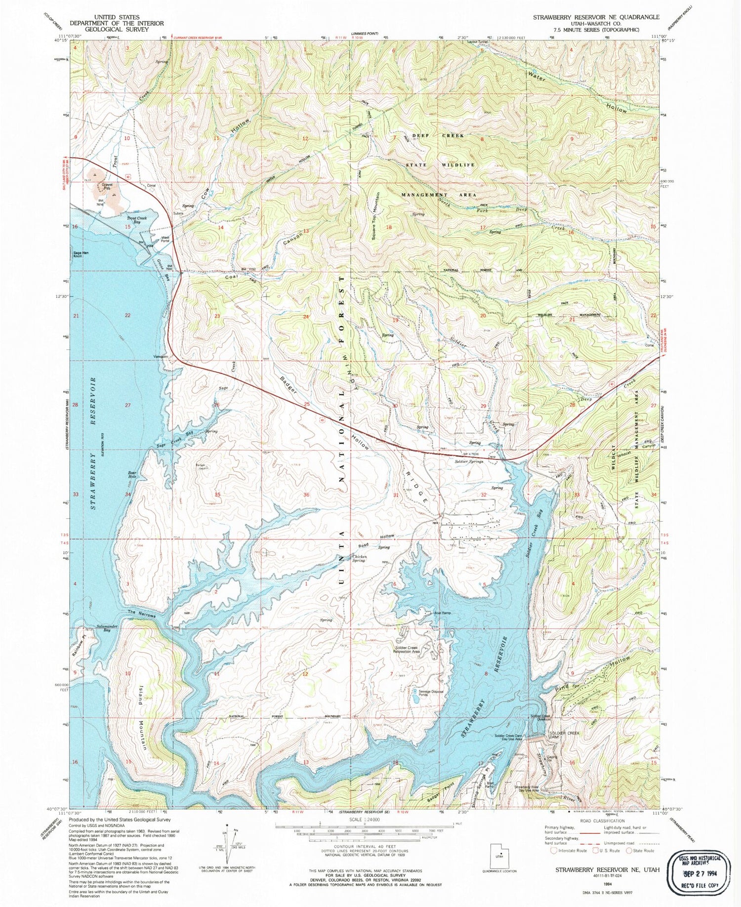 Classic USGS Strawberry Reservoir NE Utah 7.5'x7.5' Topo Map Image
