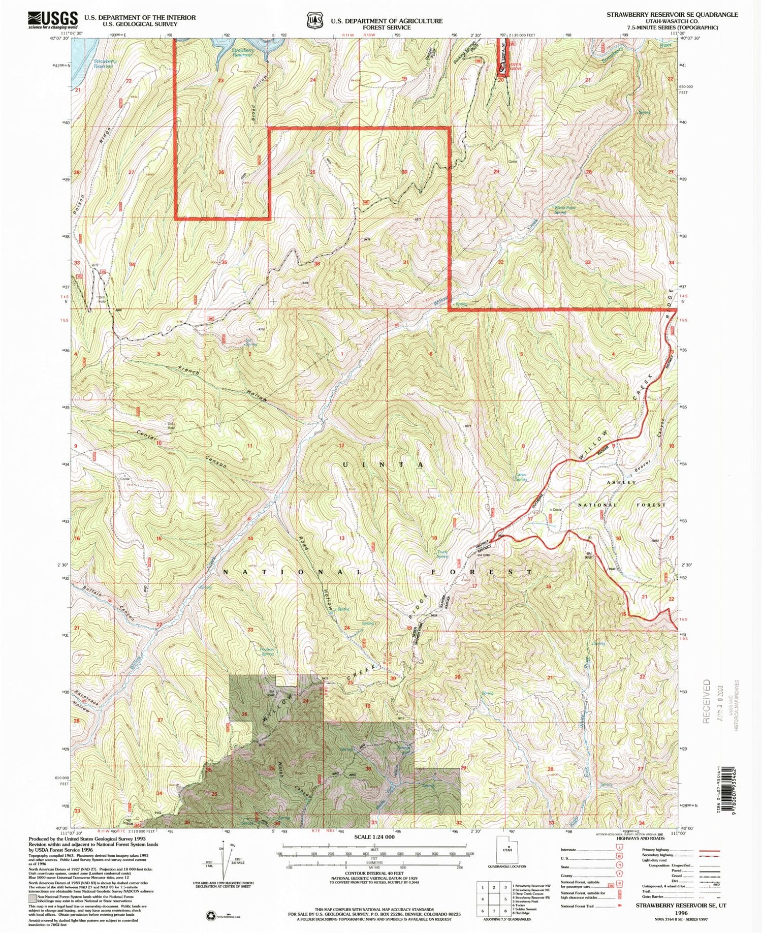 Classic USGS Strawberry Reservoir SE Utah 7.5'x7.5' Topo Map Image