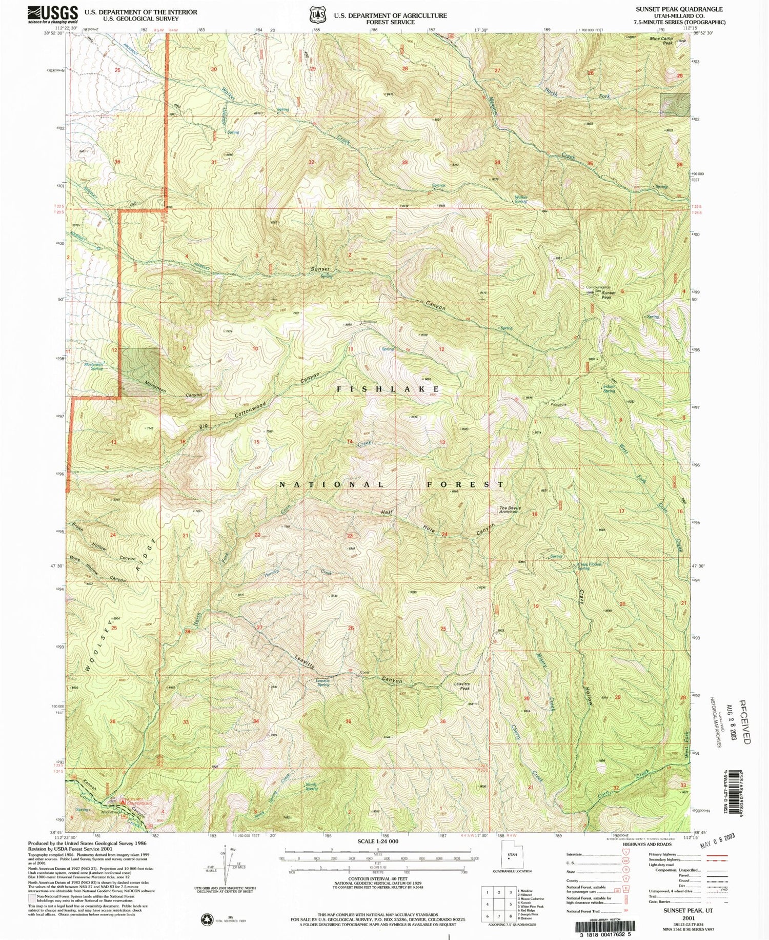 Classic USGS Sunset Peak Utah 7.5'x7.5' Topo Map Image