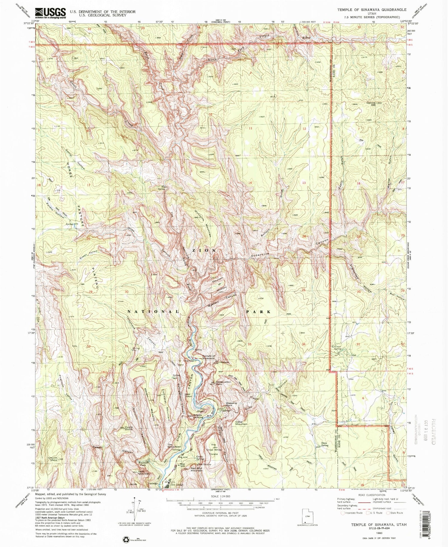 USGS Classic Temple of Sinawava Utah 7.5'x7.5' Topo Map Image
