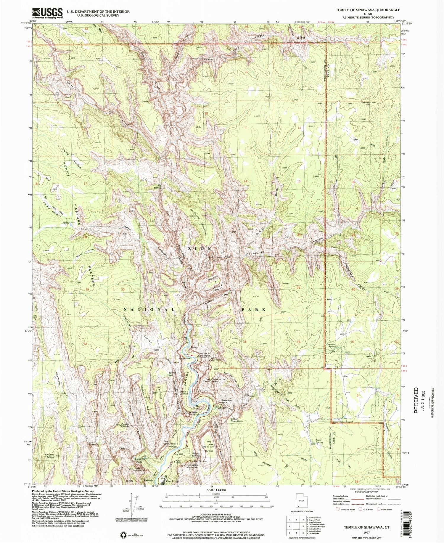 USGS Classic Temple of Sinawava Utah 7.5'x7.5' Topo Map Image
