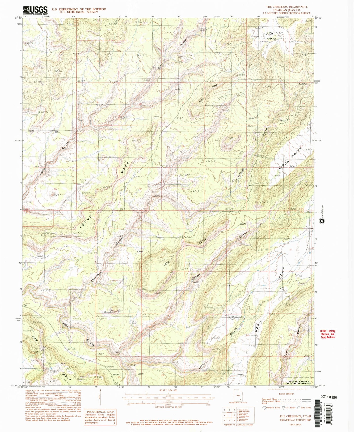 Classic USGS The Cheesebox Utah 7.5'x7.5' Topo Map Image