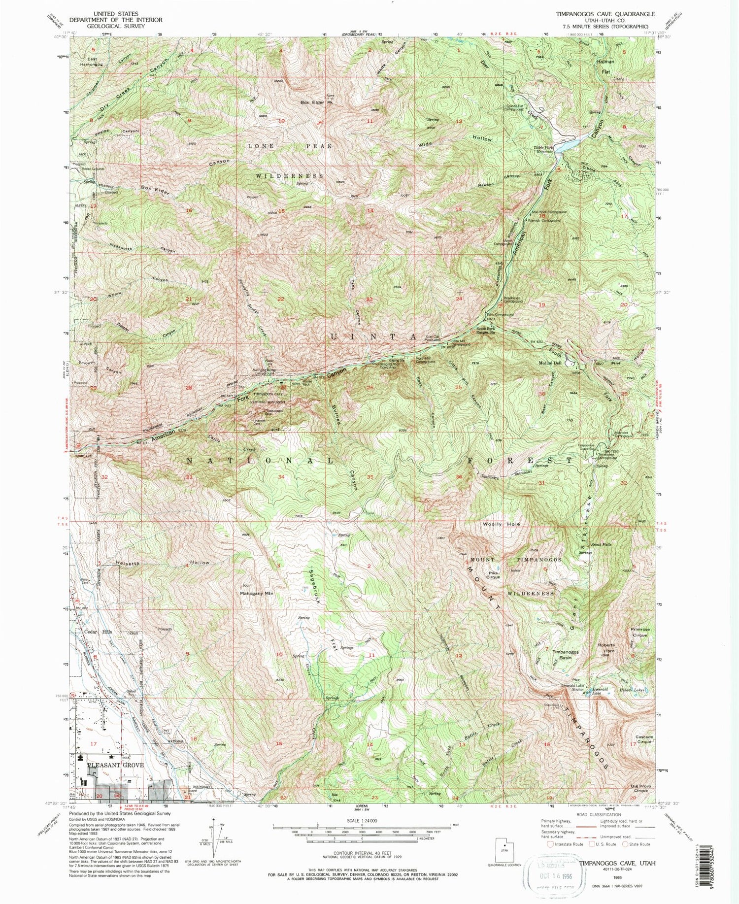 Classic USGS Timpanogos Cave Utah 7.5'x7.5' Topo Map Image