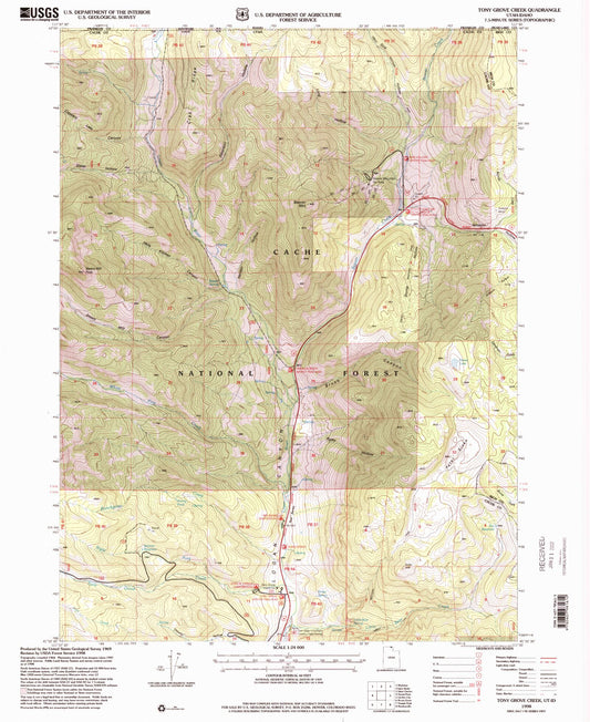 Classic USGS Tony Grove Creek Utah 7.5'x7.5' Topo Map Image