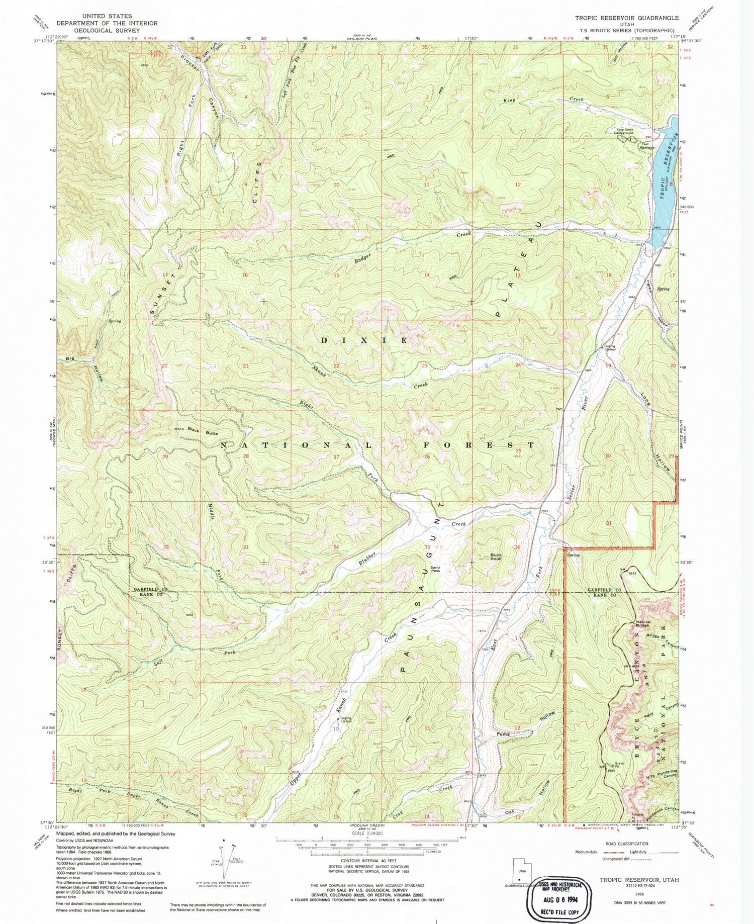 Classic USGS Tropic Reservoir Utah 7.5'x7.5' Topo Map Image