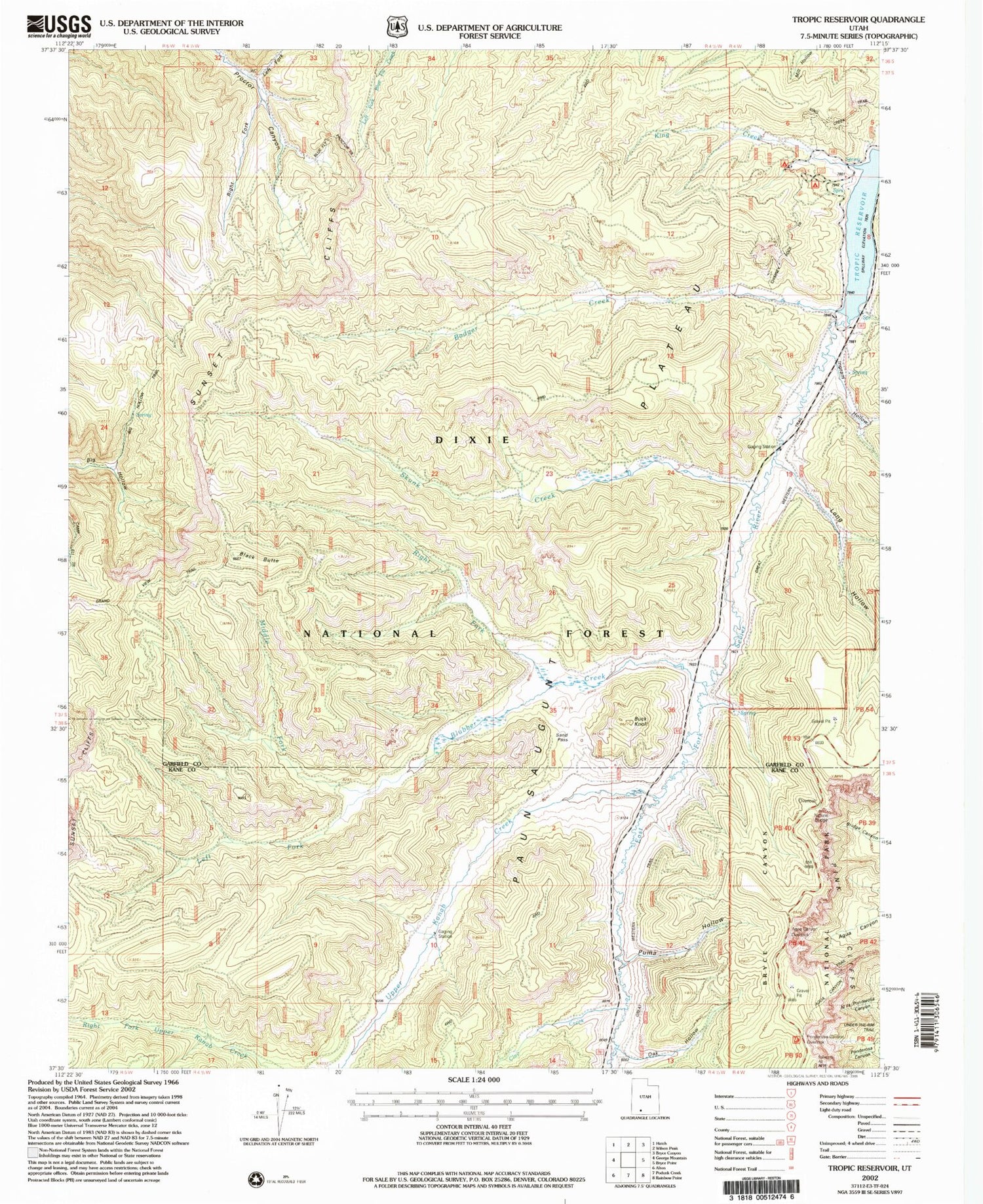 Classic USGS Tropic Reservoir Utah 7.5'x7.5' Topo Map Image