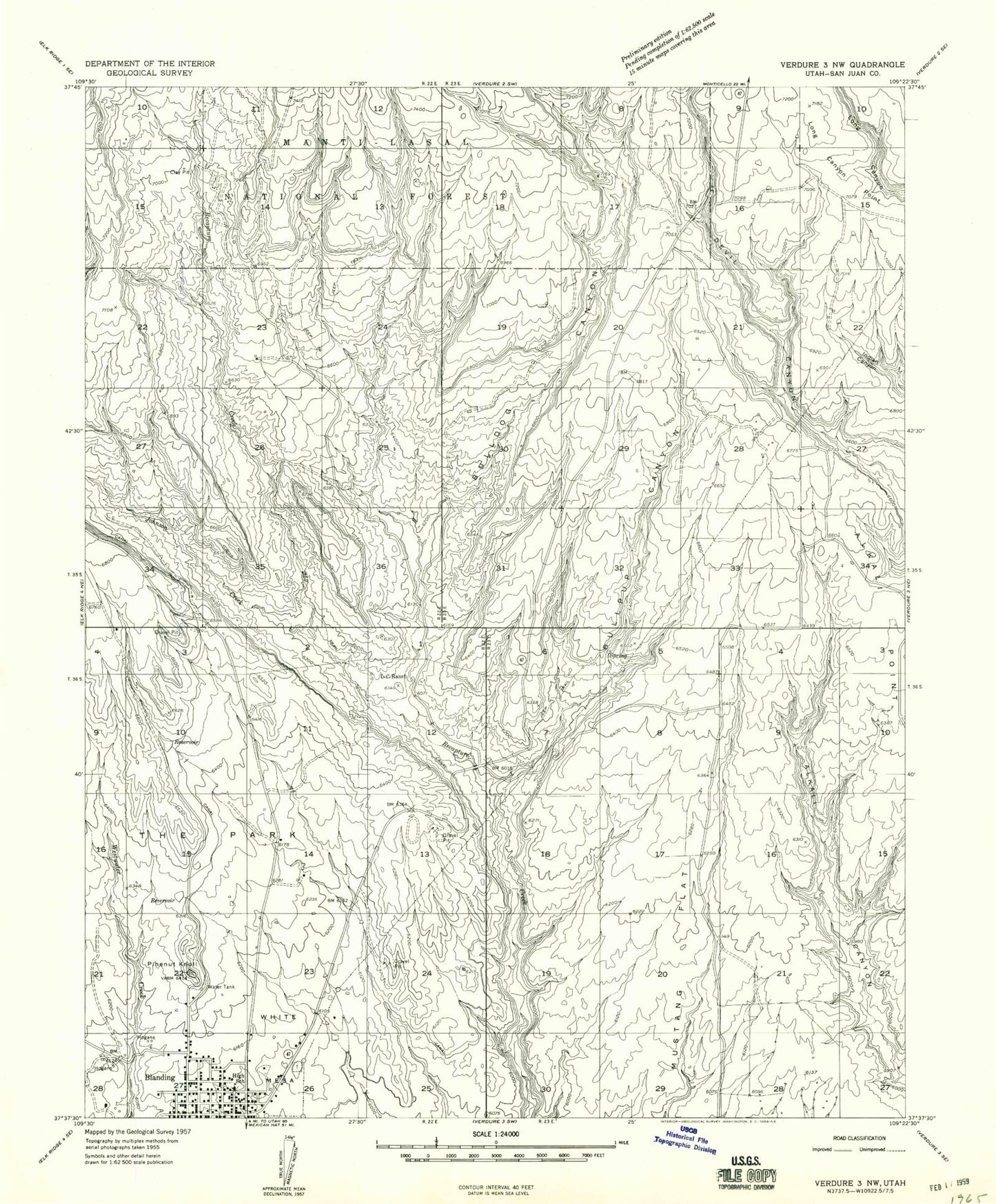 Classic USGS Blanding North Utah 7.5'x7.5' Topo Map Image