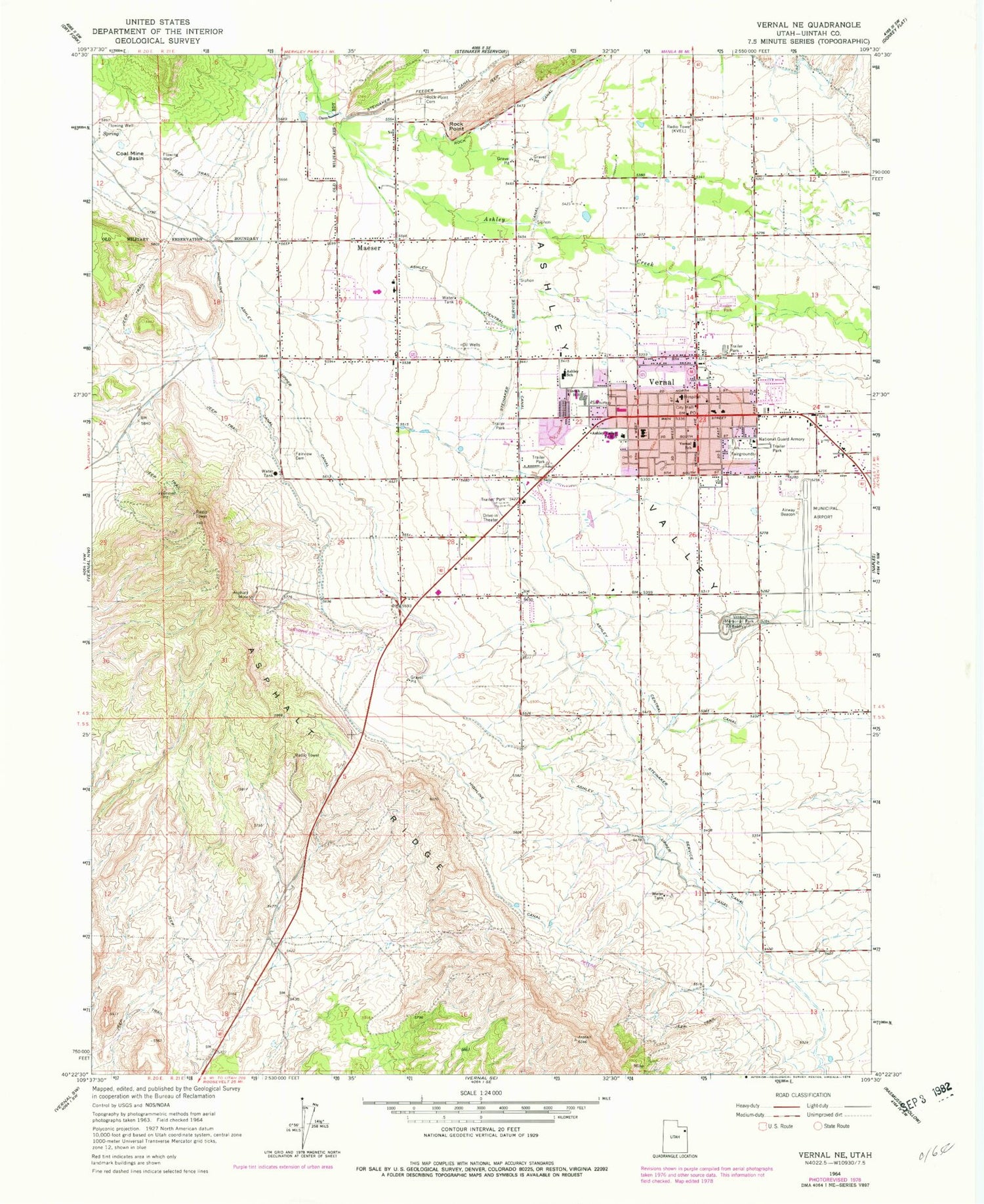 Classic USGS Vernal NE Utah 7.5'x7.5' Topo Map Image