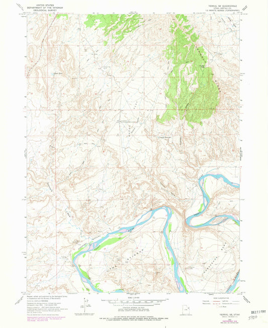 Classic USGS Vernal SE Utah 7.5'x7.5' Topo Map Image