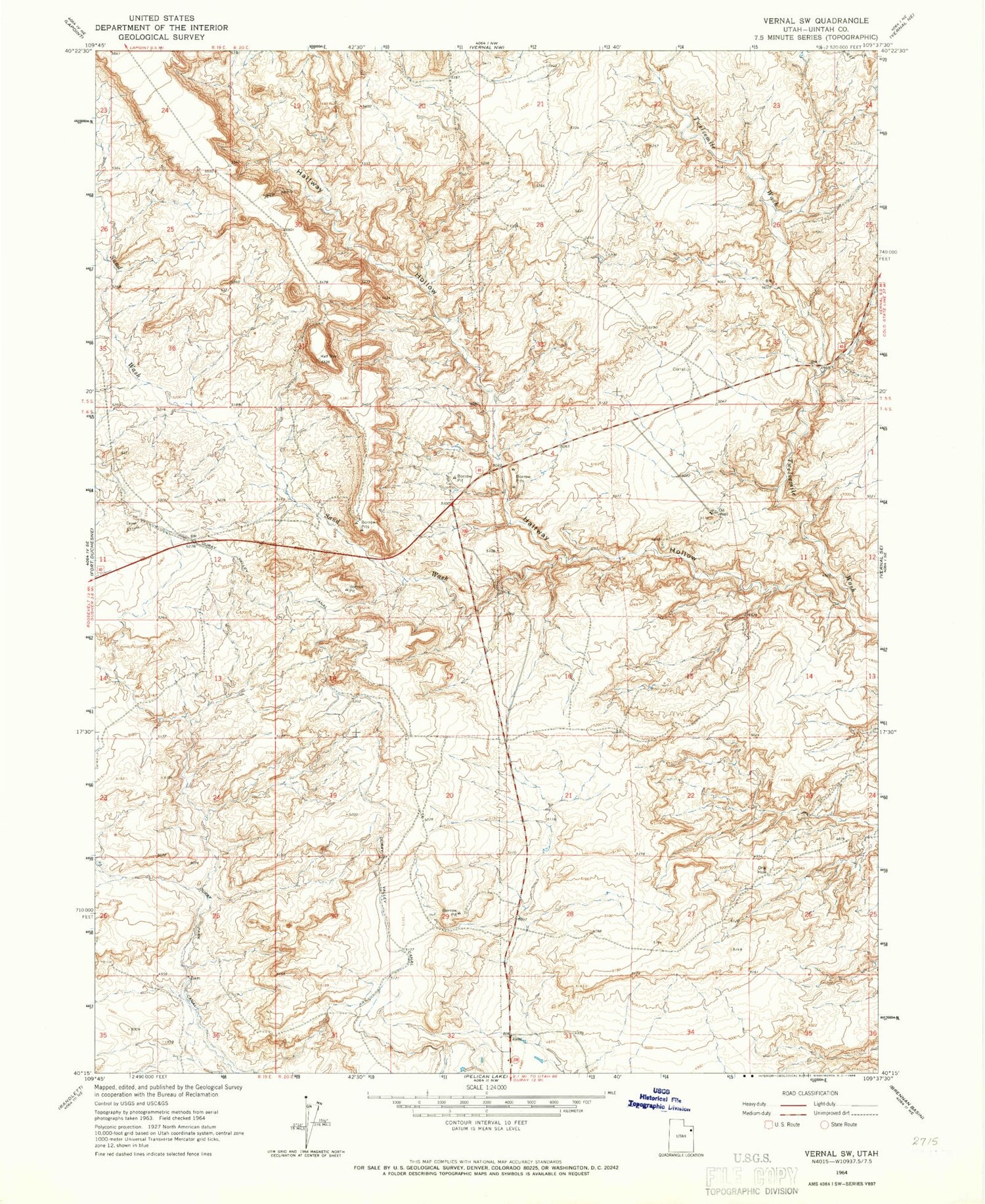 Classic USGS Vernal SW Utah 7.5'x7.5' Topo Map Image