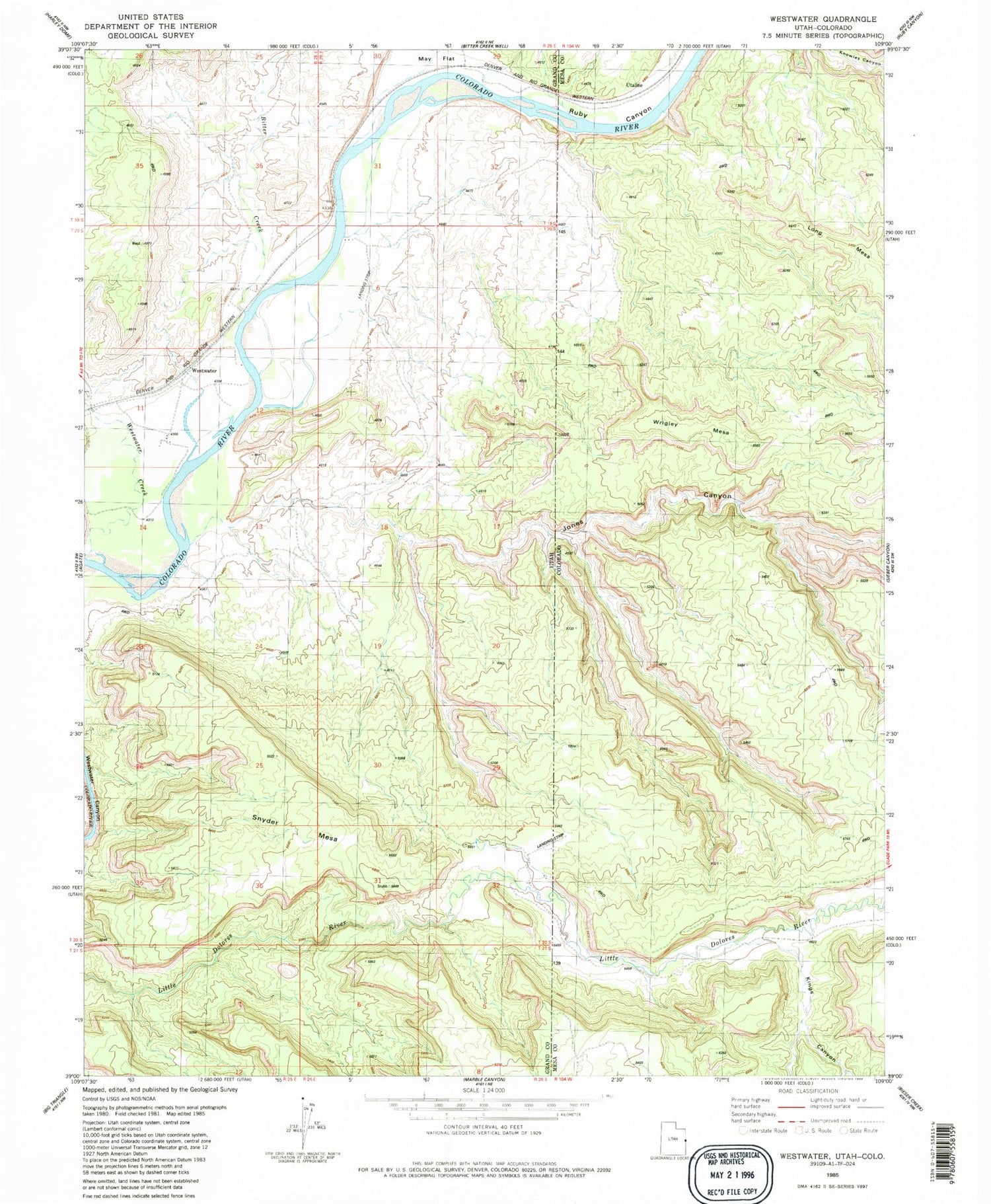 Classic USGS Westwater Utah 7.5'x7.5' Topo Map Image