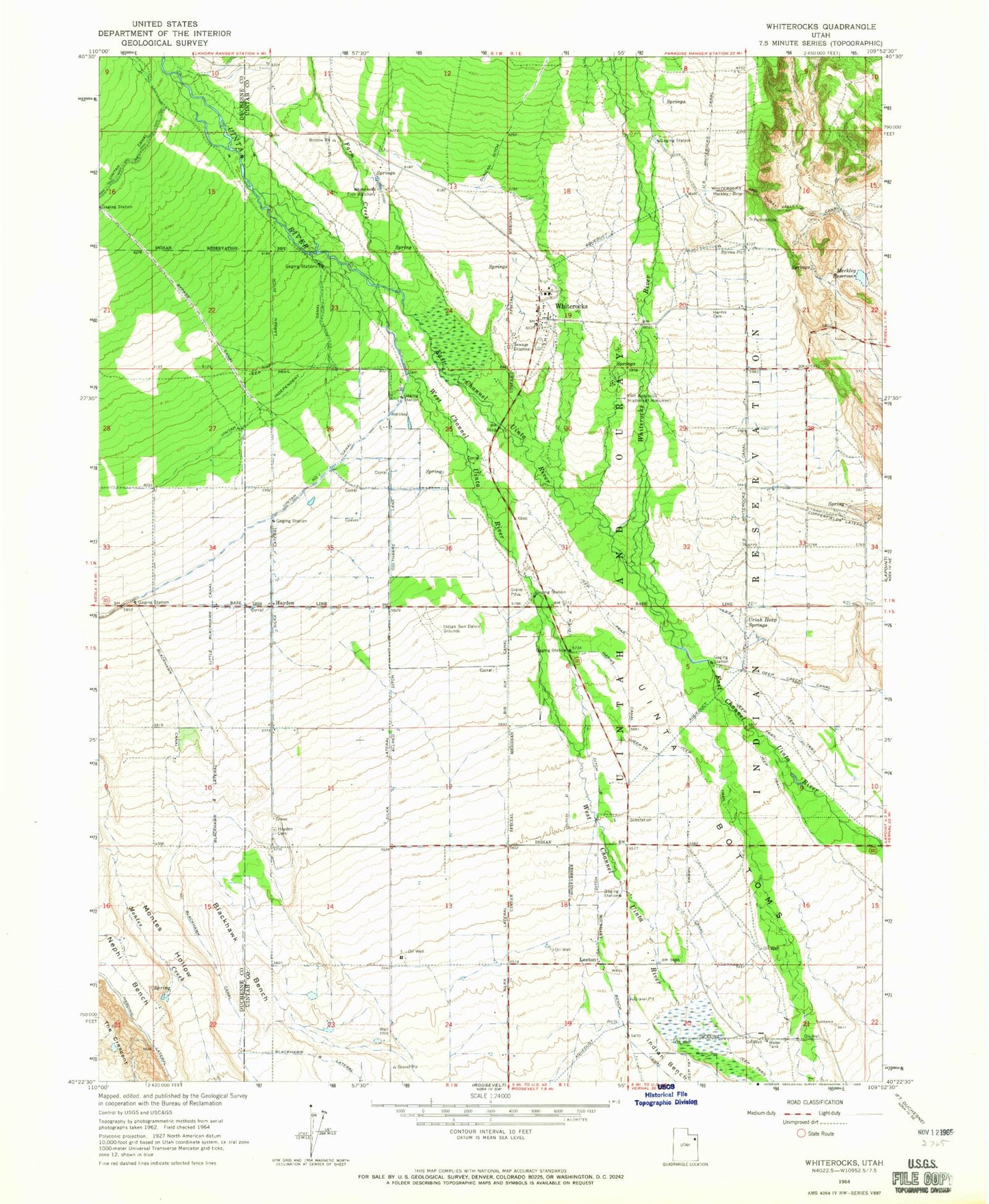 Classic USGS Whiterocks Utah 7.5'x7.5' Topo Map Image