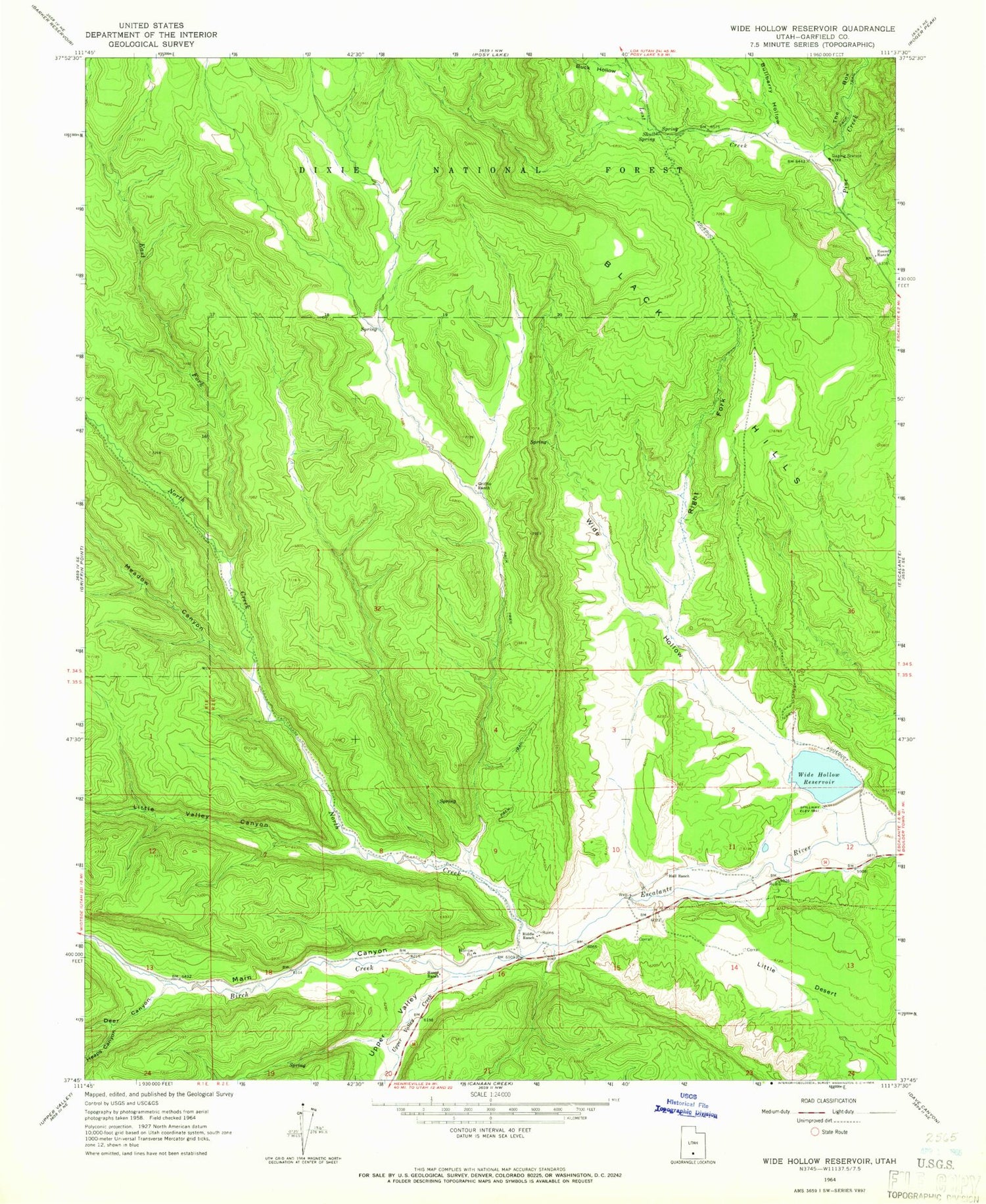 Classic USGS Wide Hollow Reservoir Utah 7.5'x7.5' Topo Map Image