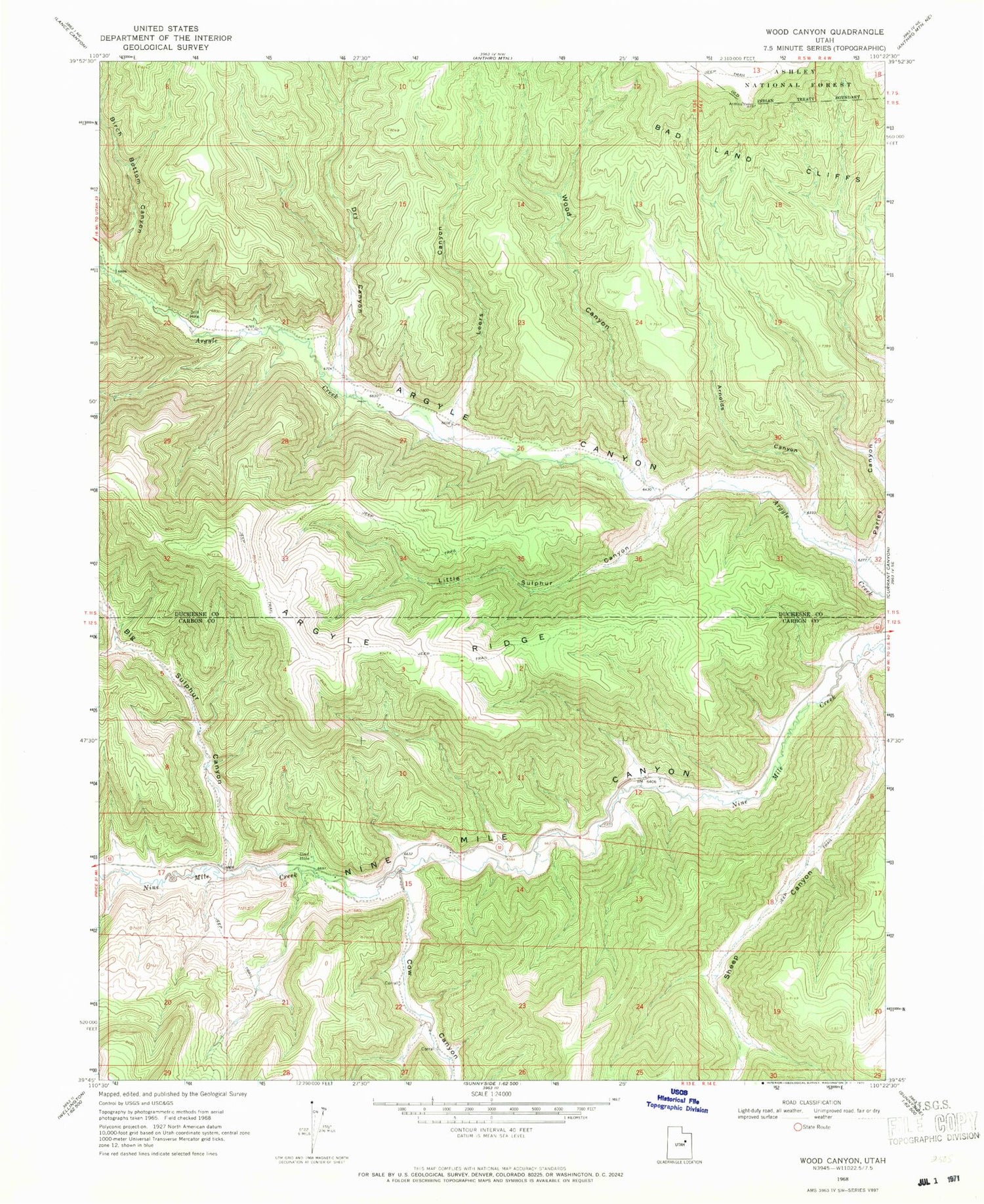 Classic USGS Wood Canyon Utah 7.5'x7.5' Topo Map Image