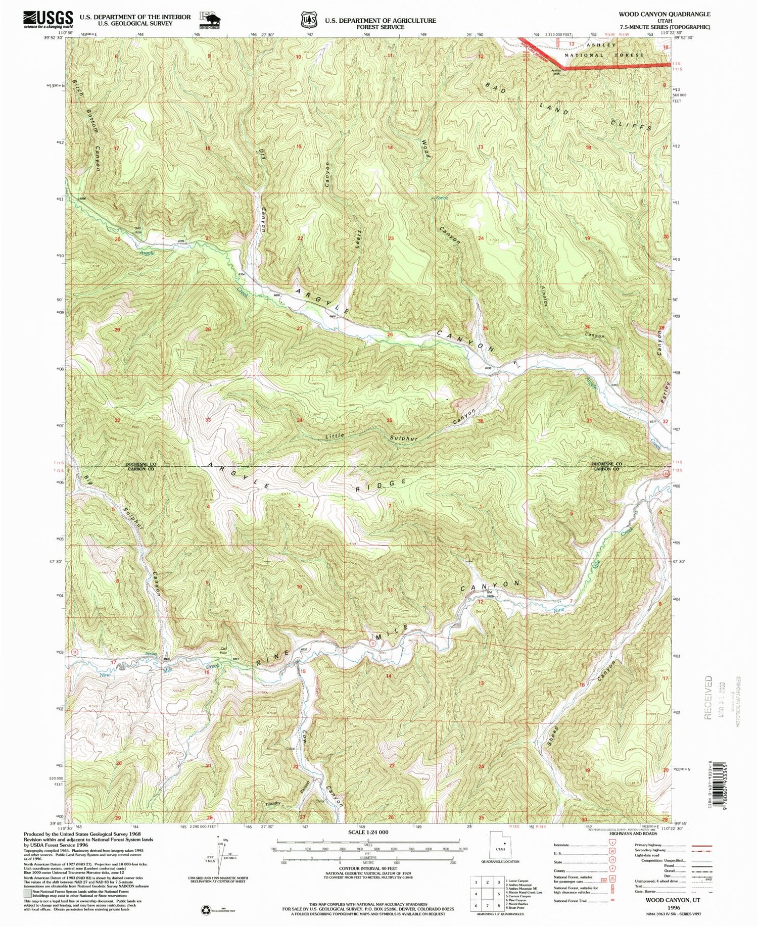 Classic USGS Wood Canyon Utah 7.5'x7.5' Topo Map Image