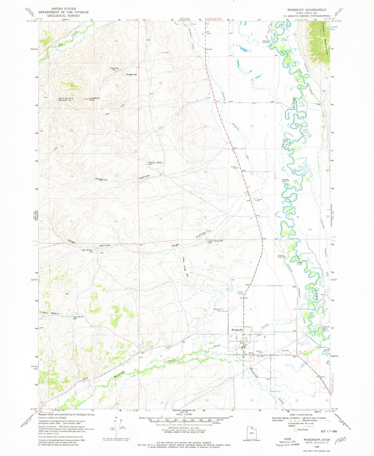 Classic USGS Woodruff Utah 7.5'x7.5' Topo Map Image