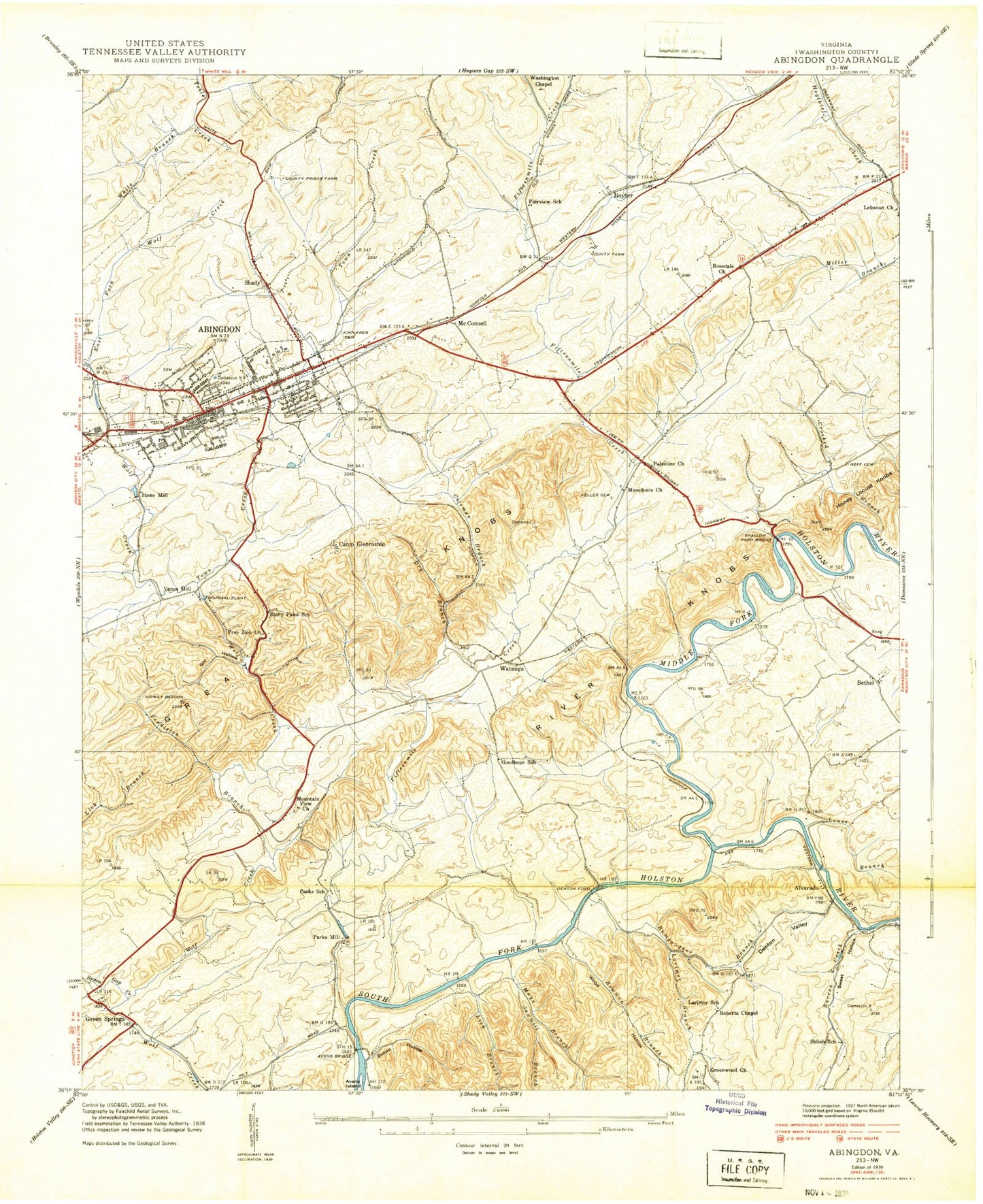 Classic USGS Abingdon Virginia 7.5'x7.5' Topo Map Image