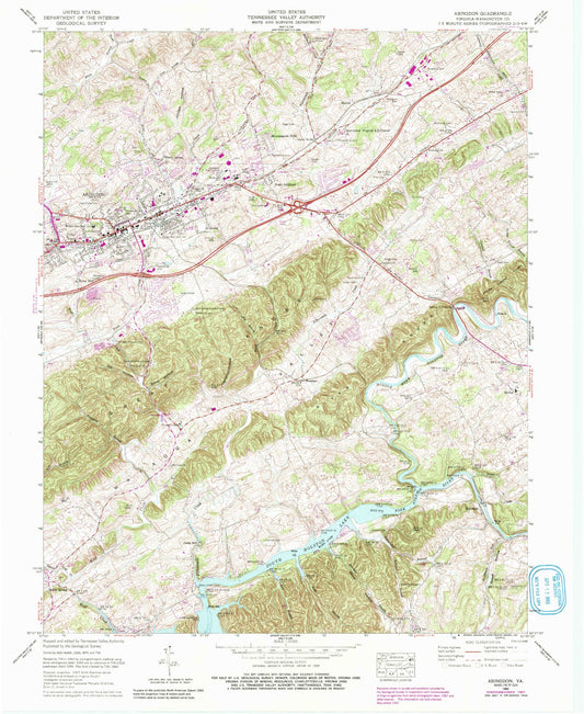 Classic USGS Abingdon Virginia 7.5'x7.5' Topo Map Image