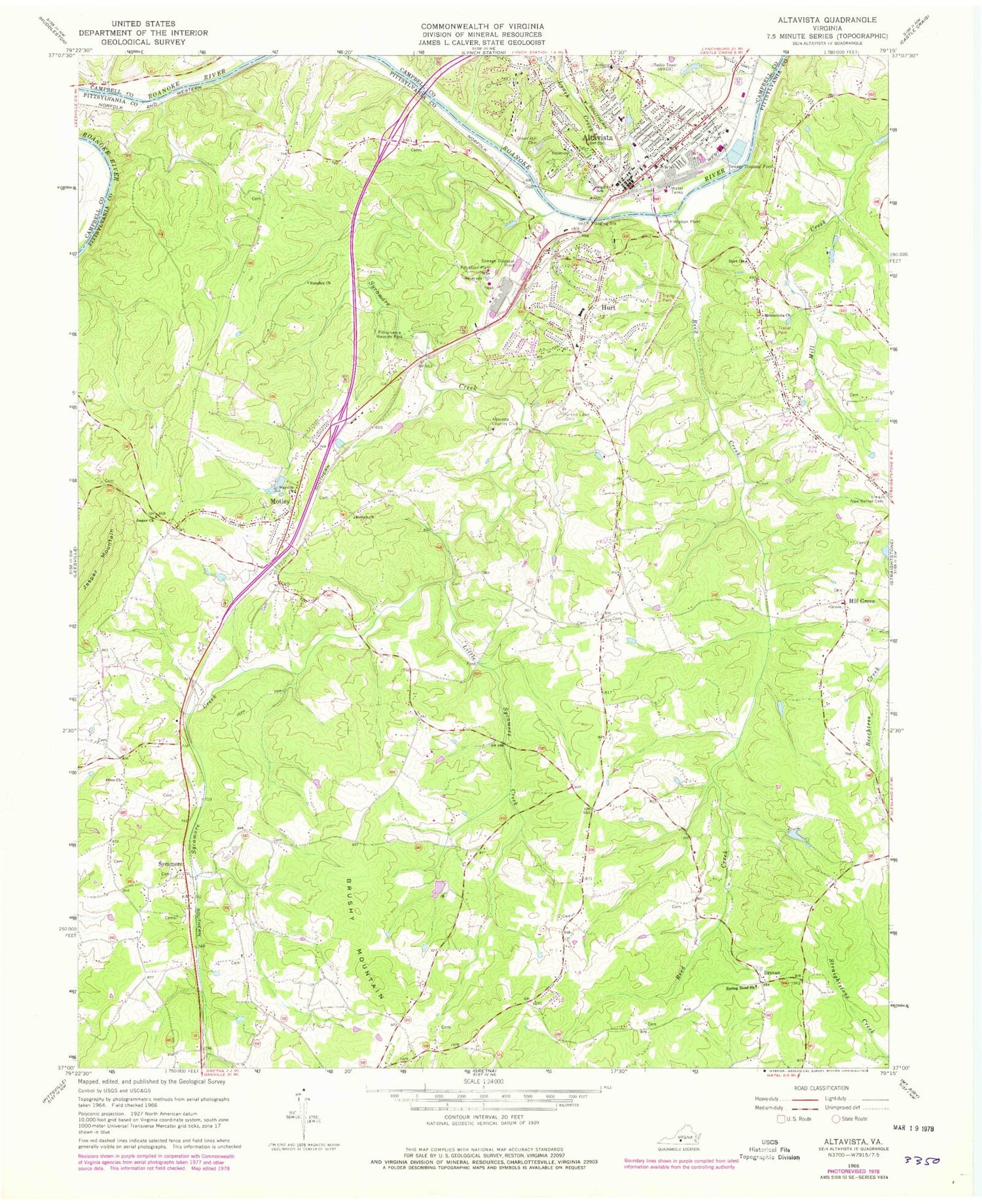 Classic USGS Altavista Virginia 7.5'x7.5' Topo Map Image