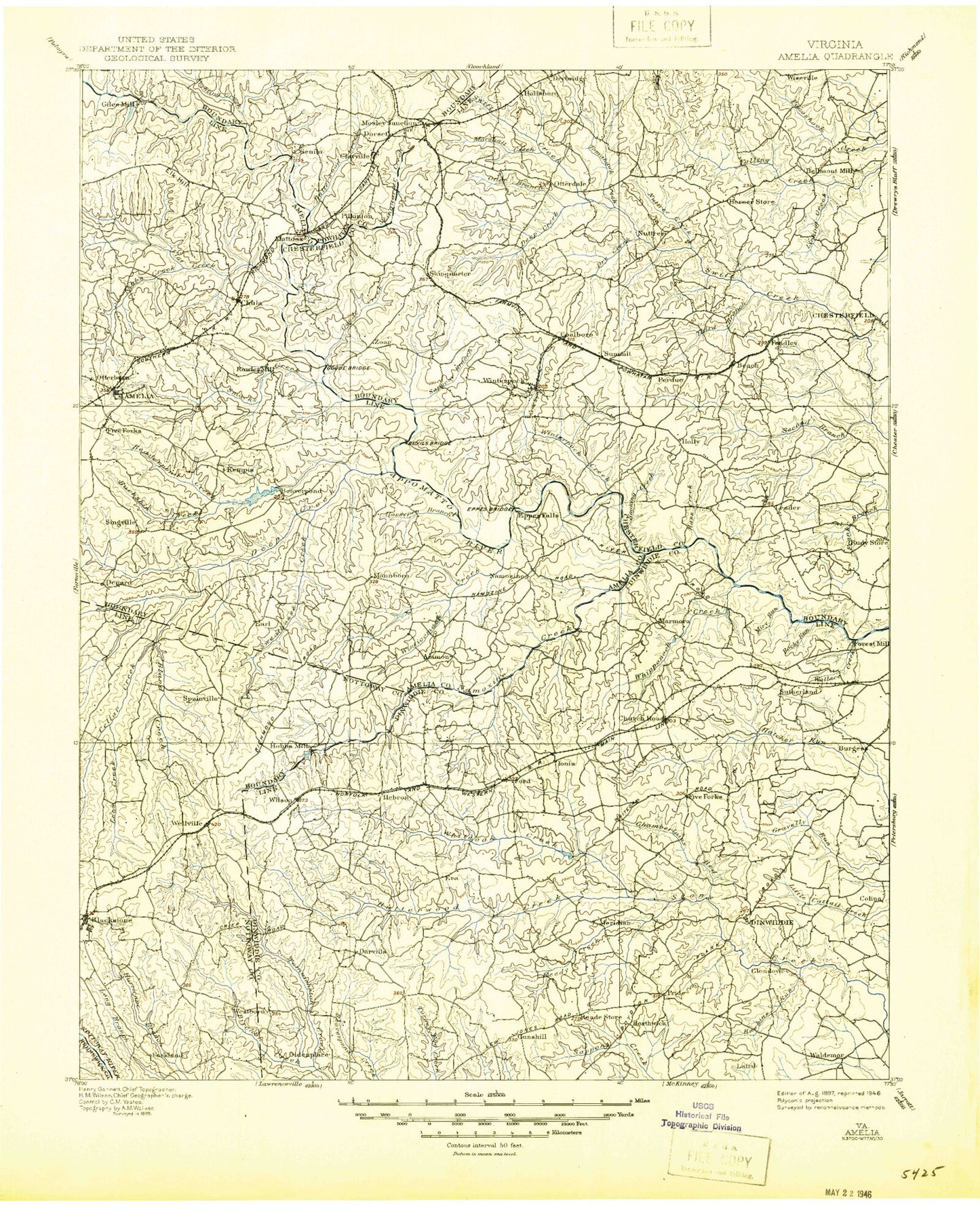 Historic 1897 Amelia Virginia 30'x30' Topo Map Image