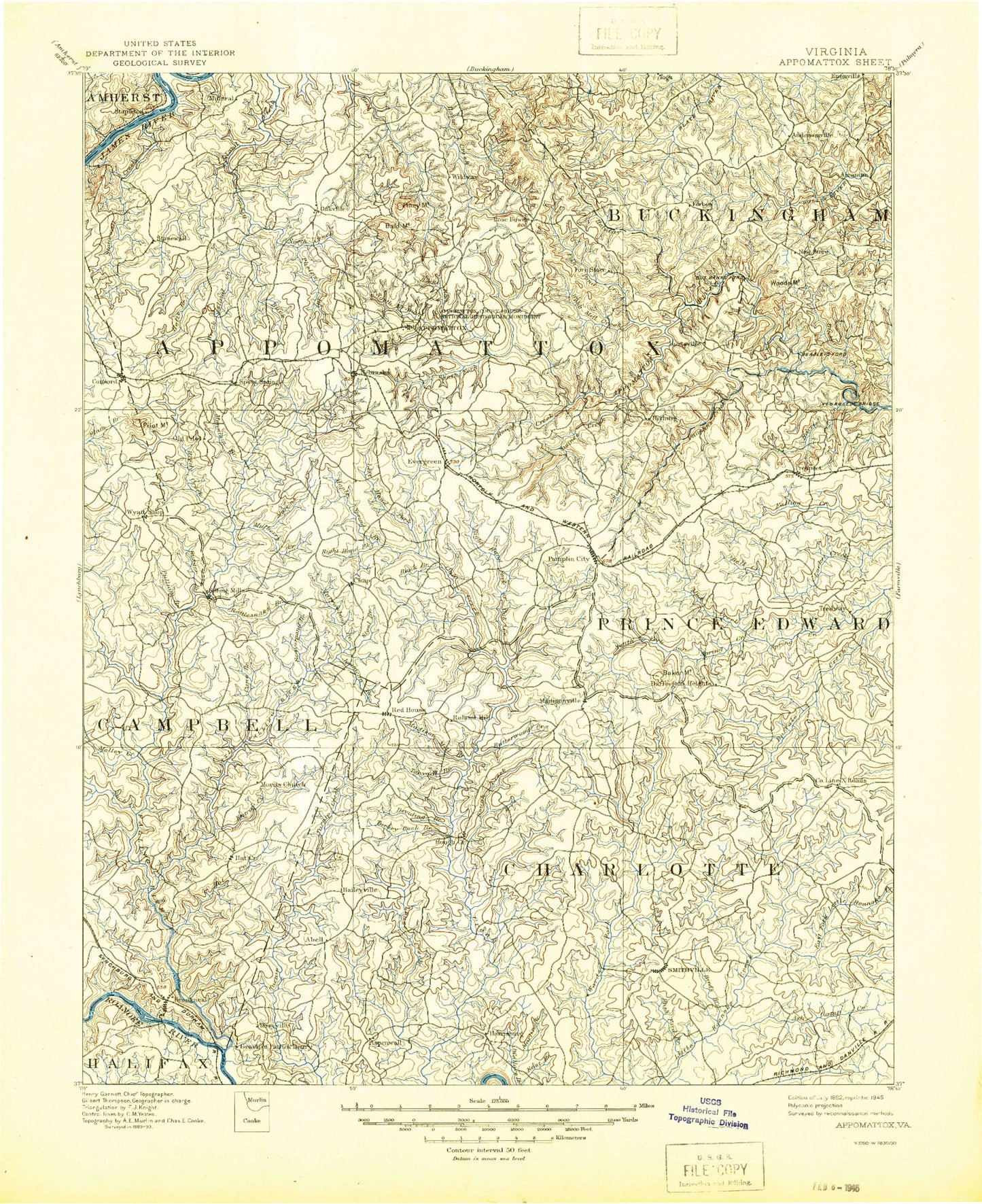 Historic 1892 Appomattox Virginia 30'x30' Topo Map Image