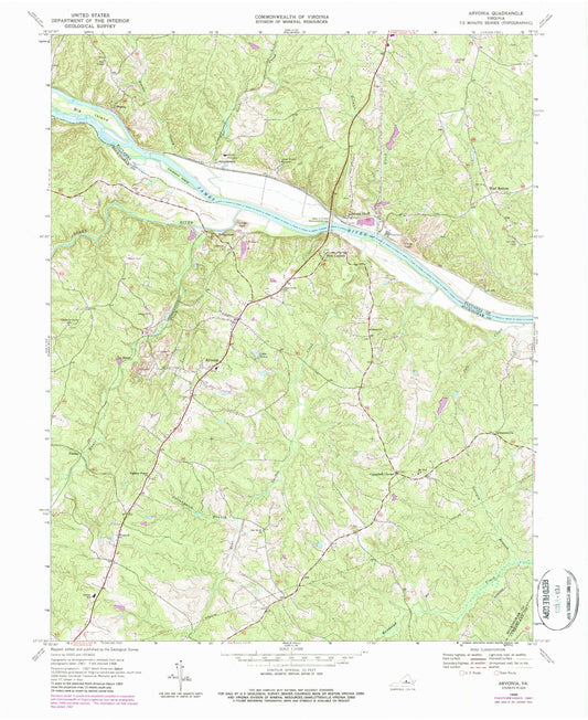 Classic USGS Arvonia Virginia 7.5'x7.5' Topo Map Image