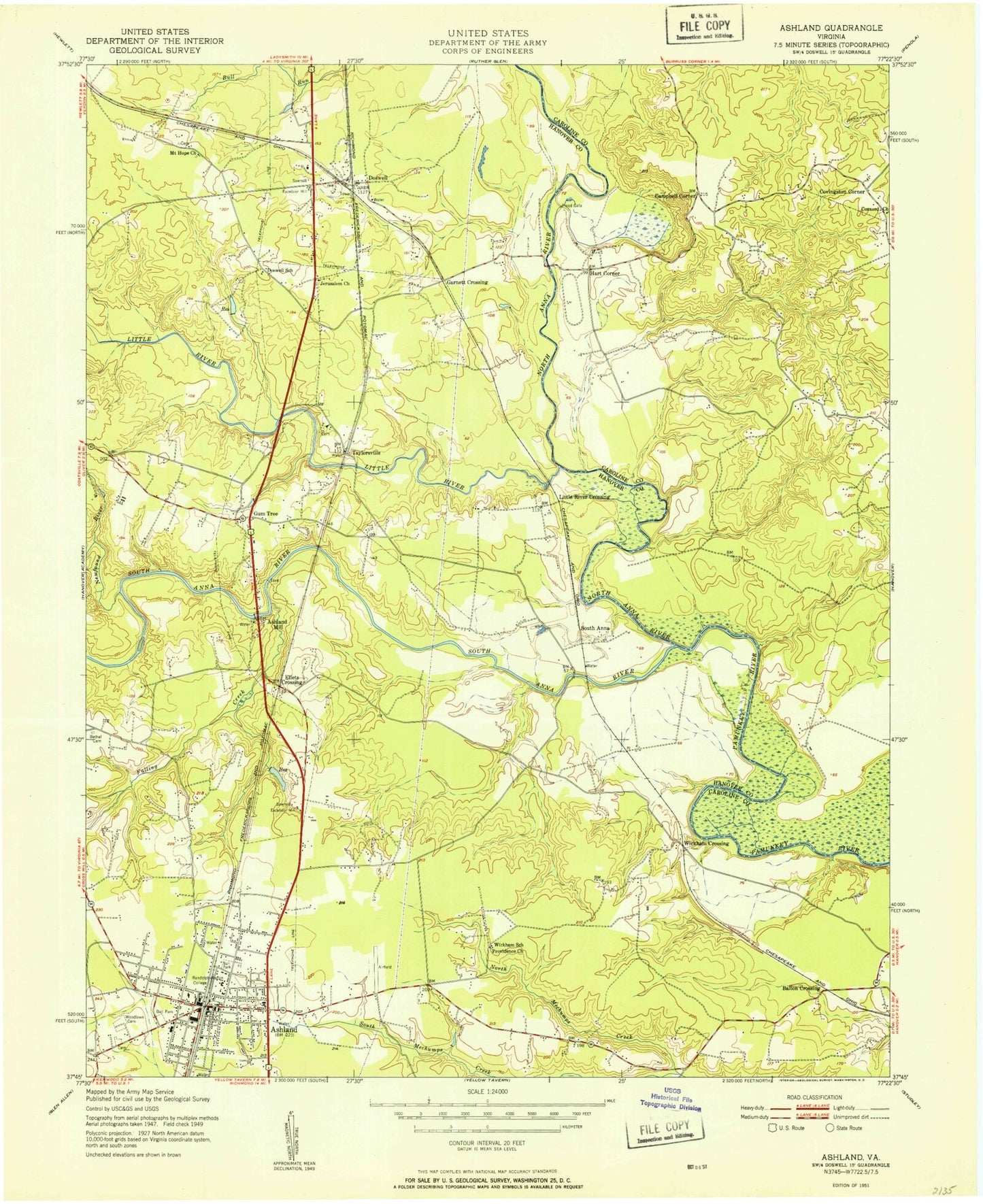 Classic USGS Ashland Virginia 7.5'x7.5' Topo Map Image
