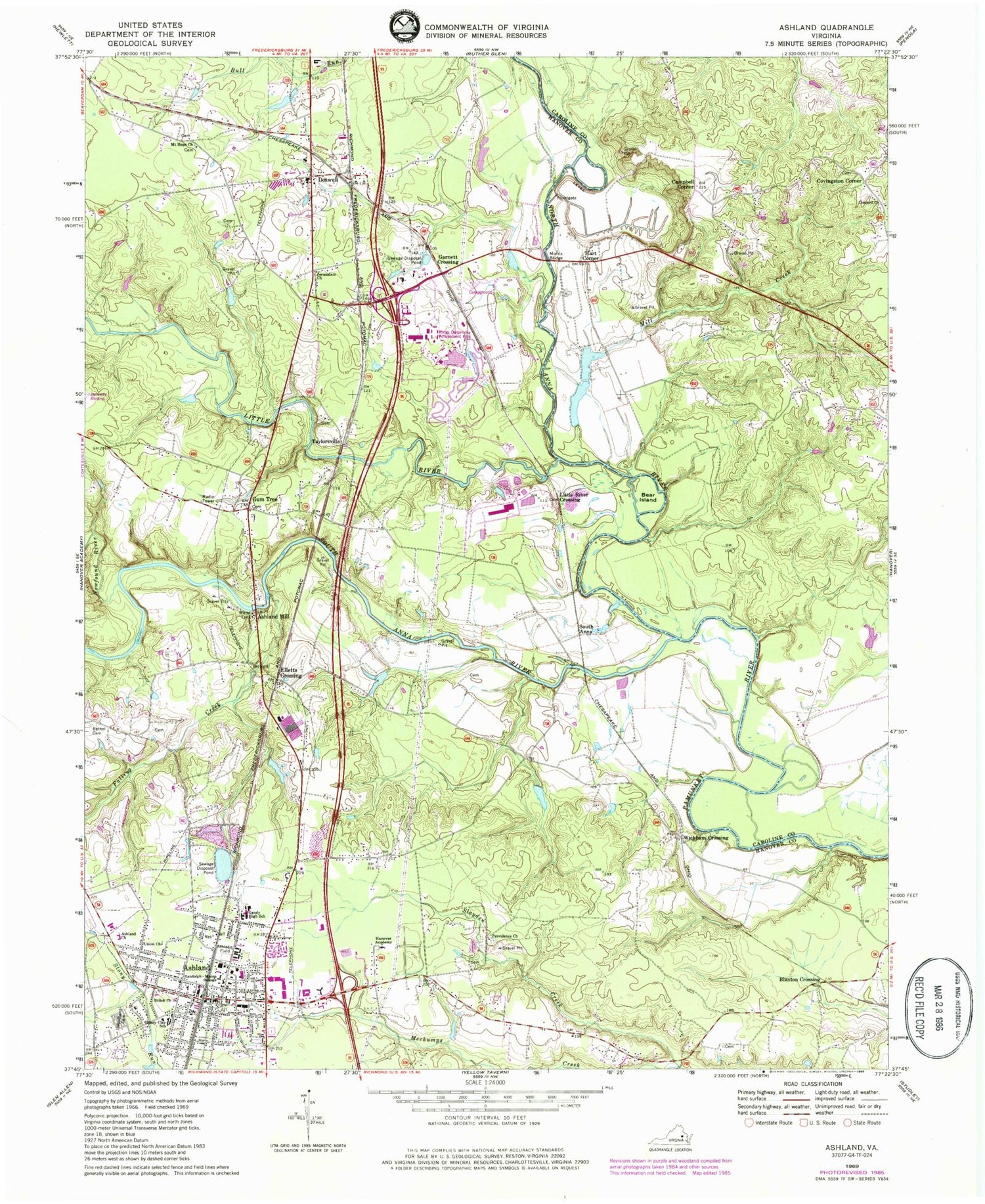 Classic USGS Ashland Virginia 7.5'x7.5' Topo Map Image