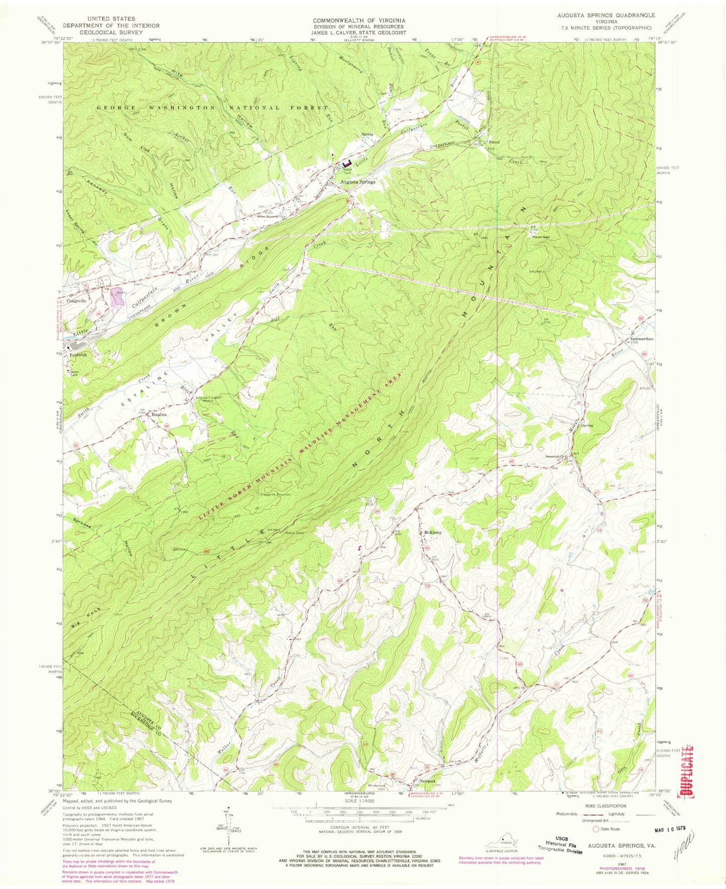 Classic USGS Augusta Springs Virginia 7.5'x7.5' Topo Map Image
