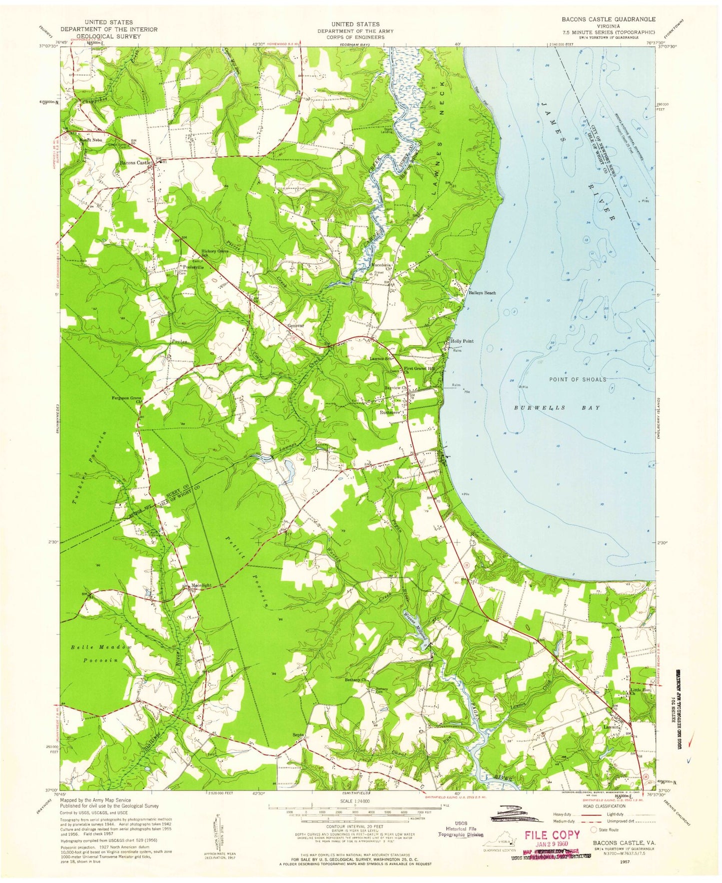Classic USGS Bacons Castle Virginia 7.5'x7.5' Topo Map Image