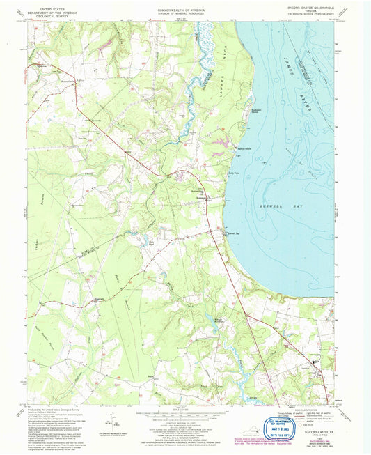 Classic USGS Bacons Castle Virginia 7.5'x7.5' Topo Map Image