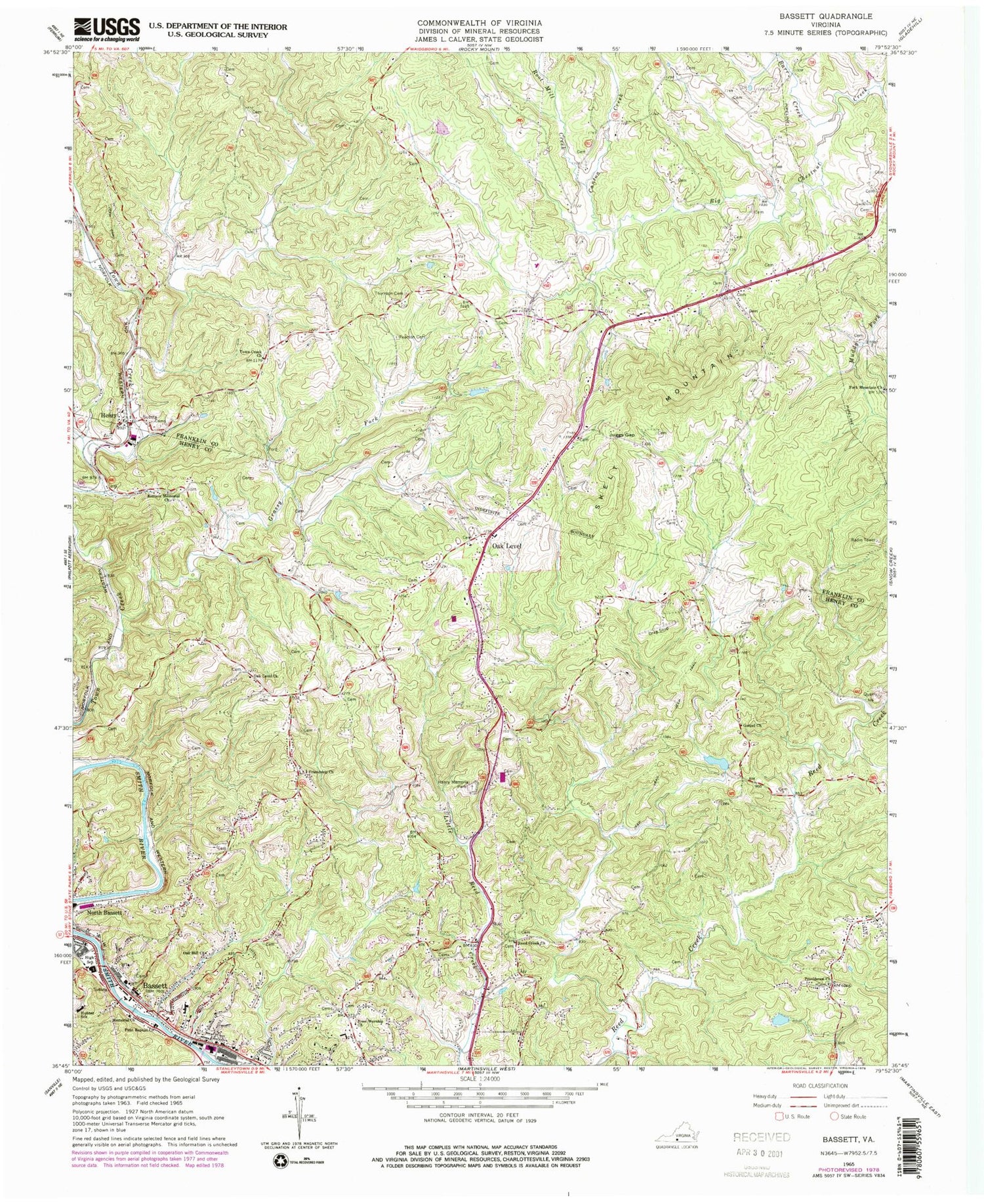 Classic USGS Bassett Virginia 7.5'x7.5' Topo Map Image