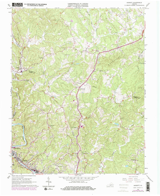 Classic USGS Bassett Virginia 7.5'x7.5' Topo Map Image