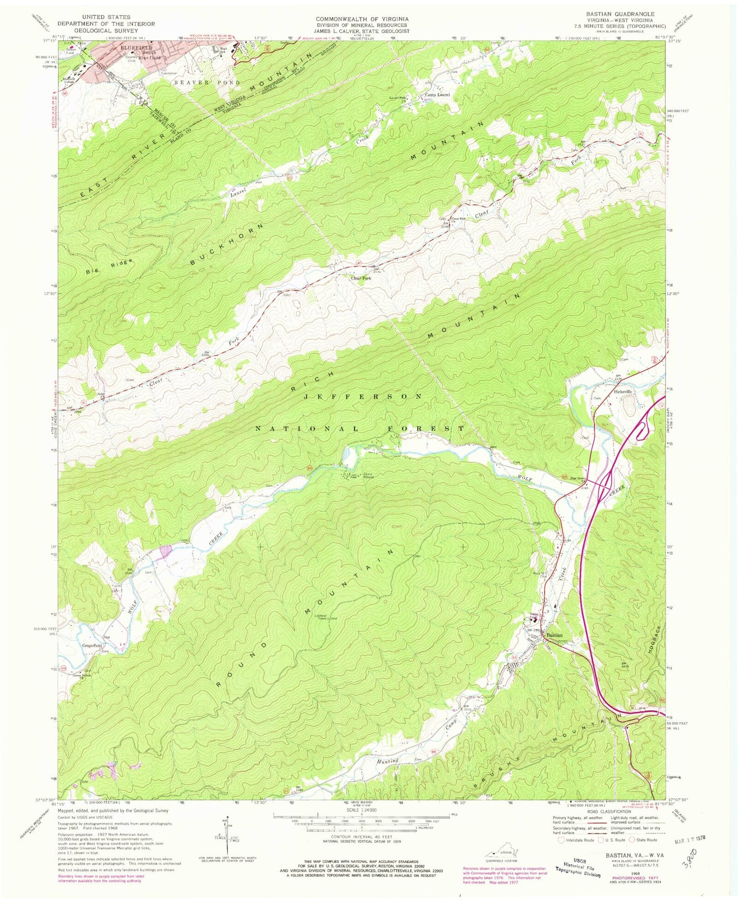 Classic USGS Bastian Virginia 7.5'x7.5' Topo Map Image