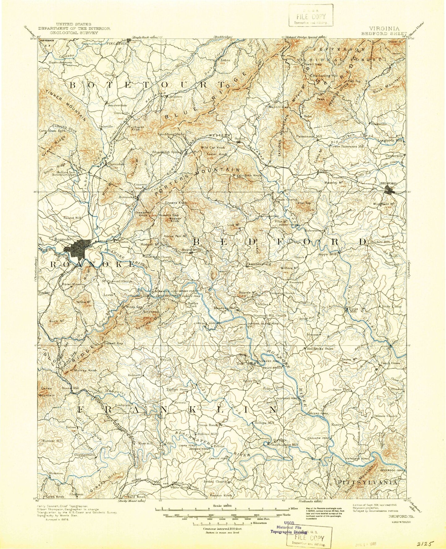 Historic 1891 Bedford Virginia 30'x30' Topo Map Image